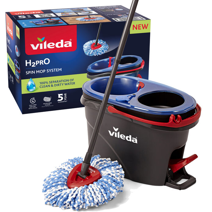 Vileda Mopa H2PRO Spin Mop o H2PRO Spin Mop + 2 Recambios | Cubo de doble cámara para separación de agua limpia y sucia | Mopa triangular para llegar a esquinas y muebles | Cabezas de mopa lavables y reutilizables | Limpieza eficiente y sin esfuerzo
