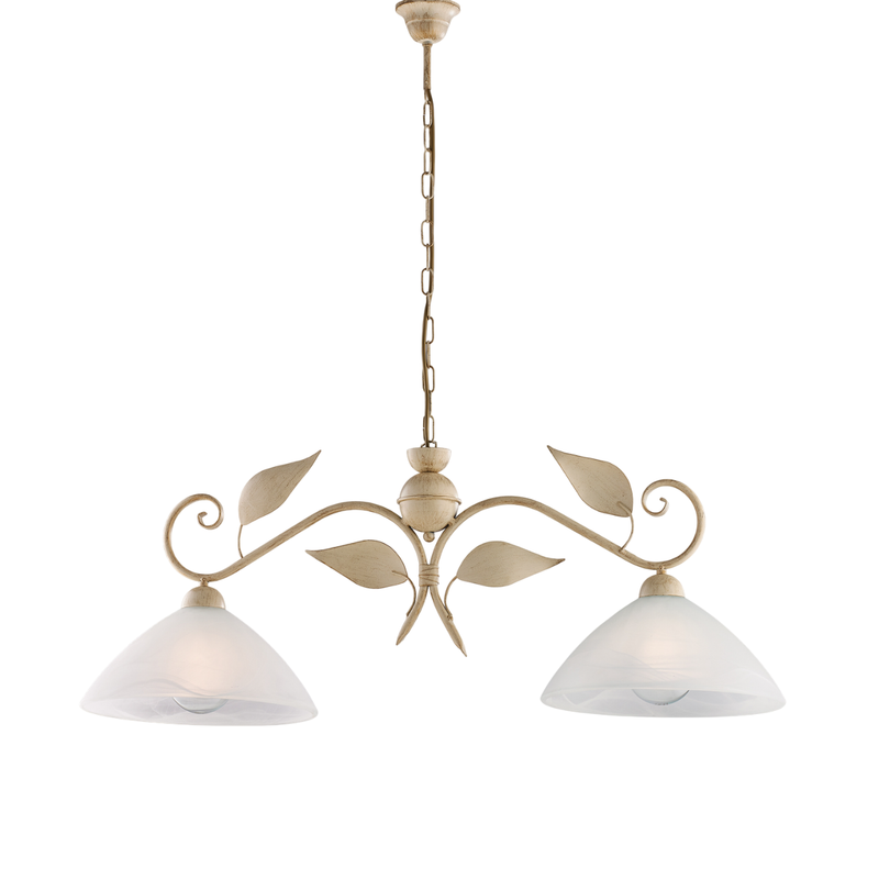 Lámpara de araña en hierro lacado en marfil con dec. Difusores de oro antiguo y cristal d. 30 alabastro blanco 2 luces L. 96 X 30 - Belight