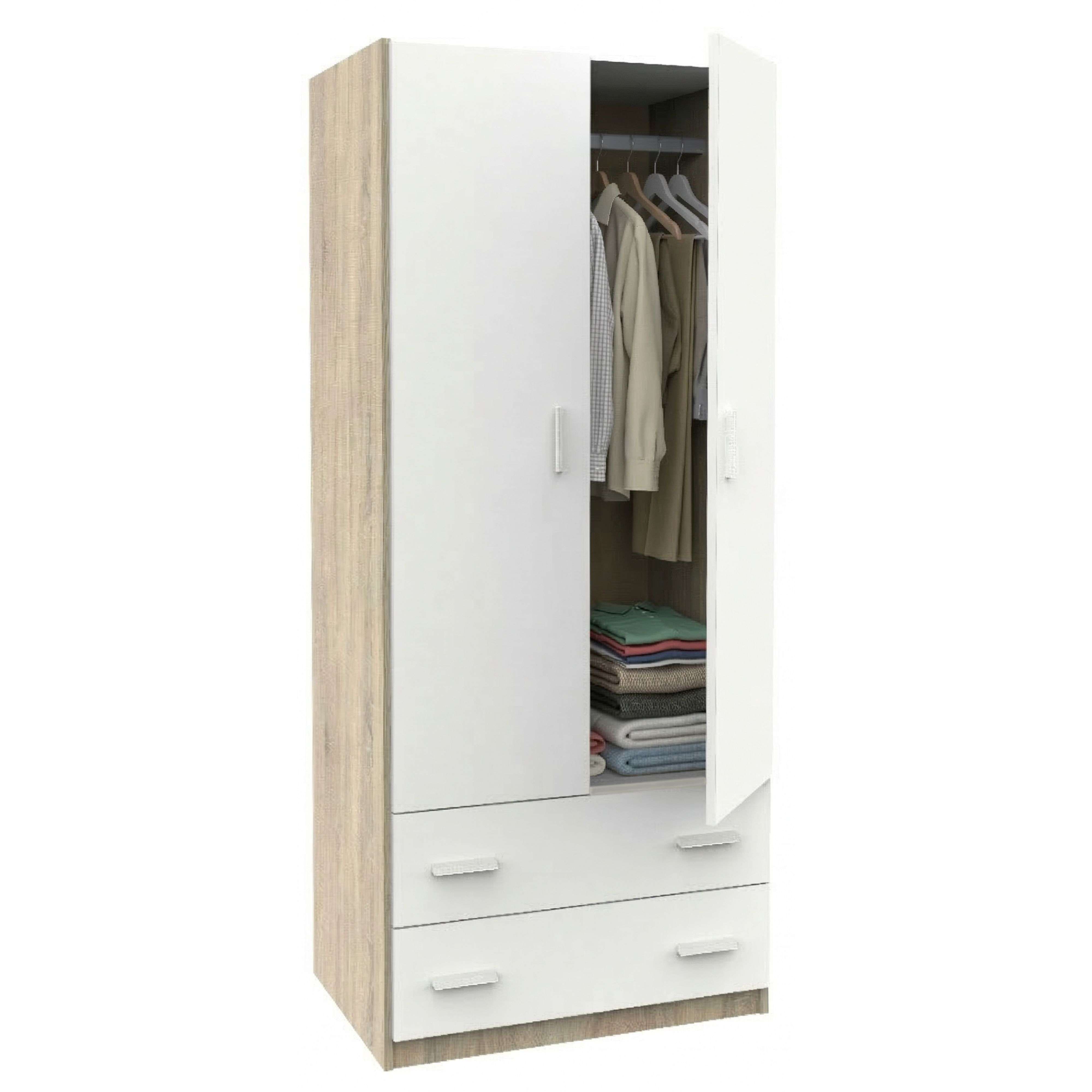 Miroytengo Armario Ropero Juvenil Dormitorio 2 Puertas 2 Cajones Roble Cambrian y Blanco Mate 74x180x50 cm