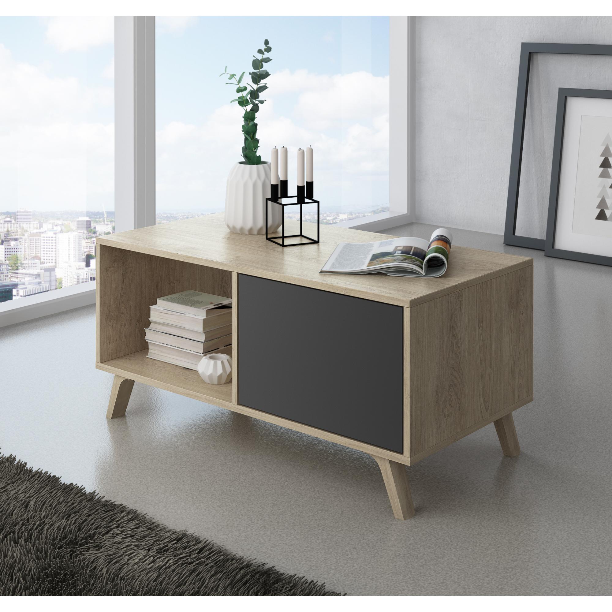 Mesa de Centro Skraut Home, para Salón, Mesa baja, 92x50x45cm, Almacenaje suplementario, Puerta doble