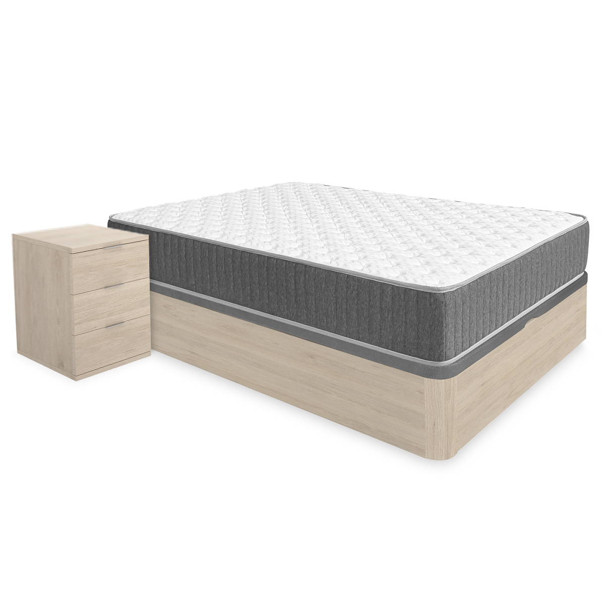 Pack ahorro matrimonio Canapé Round Roble con Colchón viscoelástico y muelles Aurea 135 x 190 cm, 2 Mesitas de noche Rio|Montaje Incluido(Solo canapé)