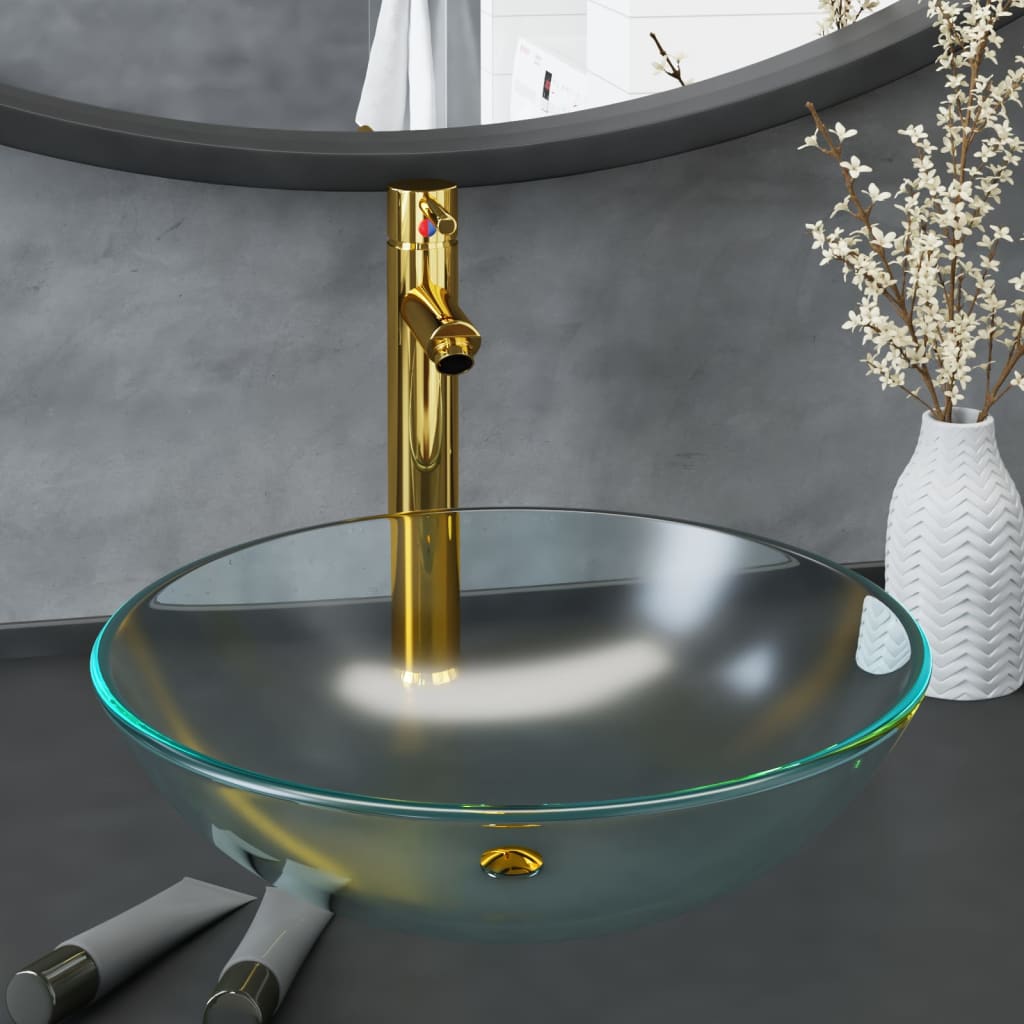 vidaXL Lavabo con Grifo y Tapón Pulsador Cristal Templado Esmerilado Tocador Color del lavabo Medio esmerilado,  Transparente,  Dorado y mas