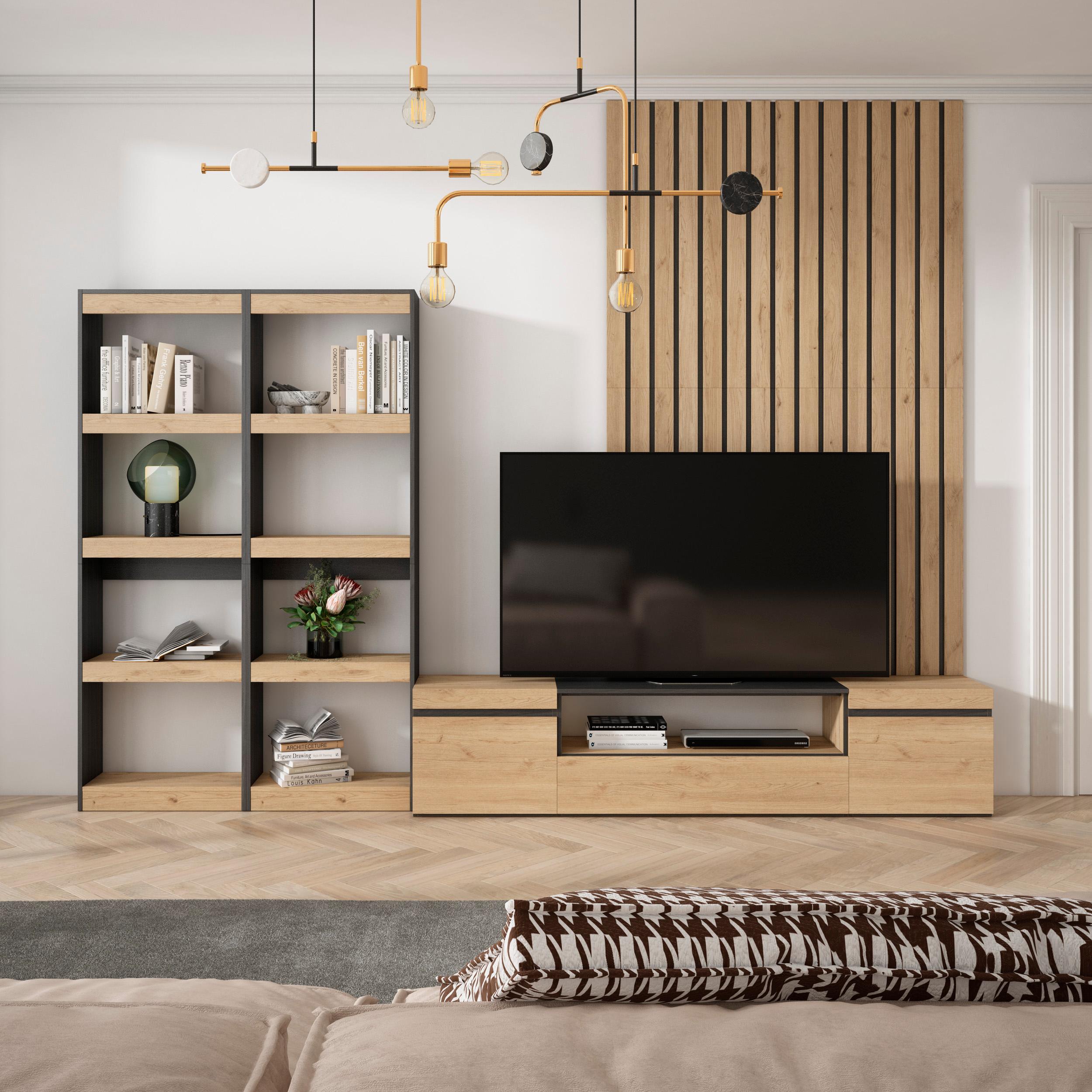 SKRAUT HOME - Skraut Home - Conjunto de muebles de Salón - Estantería - Mueble TV - Veteado de madera - Tacto poroso de alta calidad - Estilo Moderno