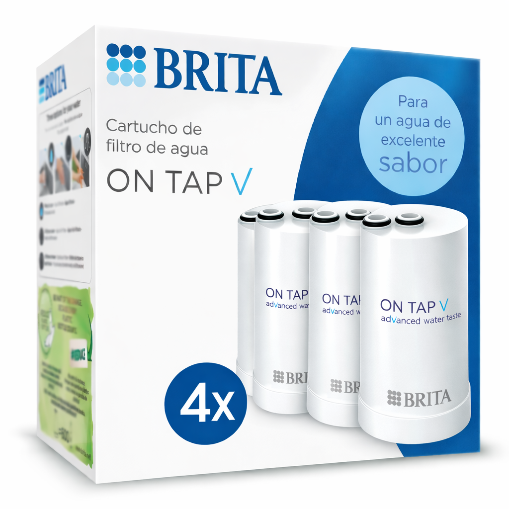 BRITA Filtro de Agua On Tap V | De 1 a 4 Unidades | Compatible con Sistema BRITA On Tap | Filtra hasta 600L | Reduce cloro, microplásticos y contaminantes | Conserva minerales | Instalación rápida | Sin BPA | Tecnología de microfiltración