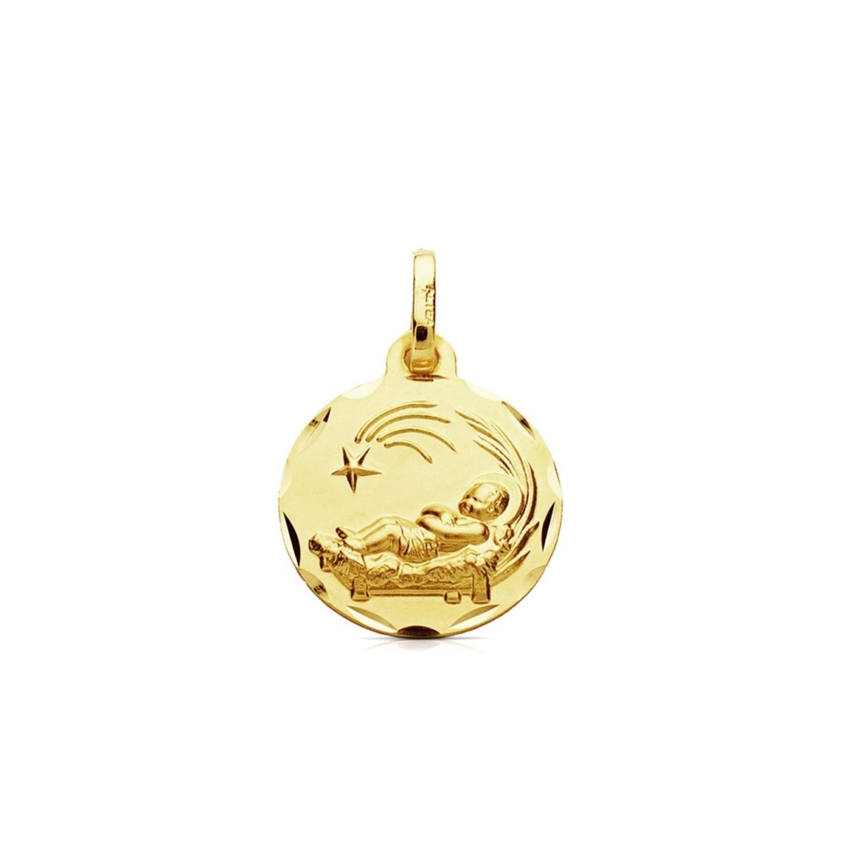Medalla oro 9k Niño del Pesebre colgante 16mm. liso cerco detalle tallado peso 1.35gr.