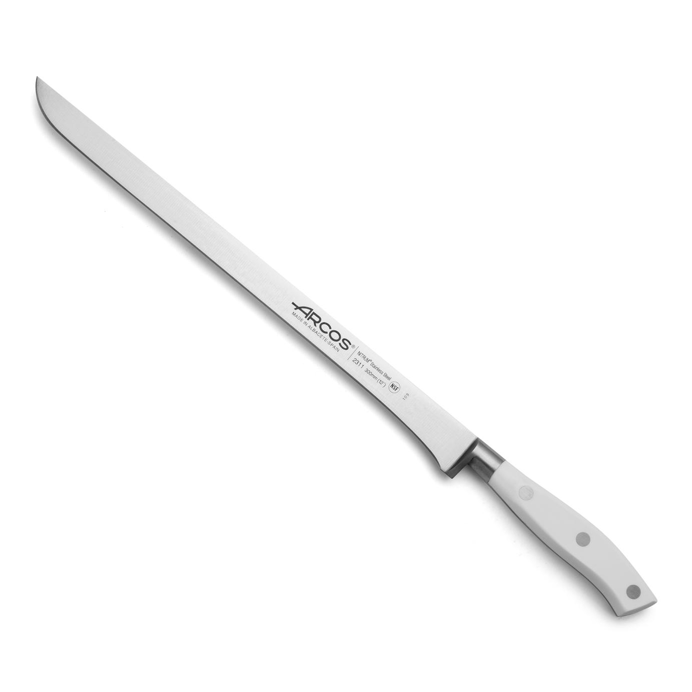 Arcos Cuchillo Trinchar / Jamonero Forjado con Hoja Acero Inoxidable y 300 mm. Mango Ergonómico Polioximetileno POM. Serie Riviera Blanc. Hoja delgada con un Borde Suave característico. Color Blanco.