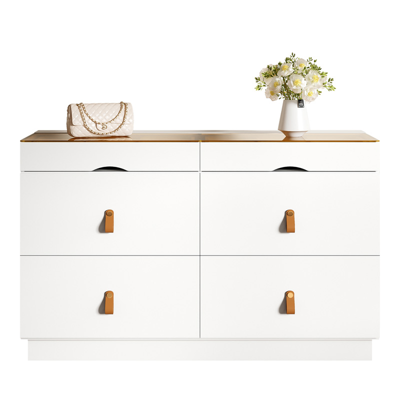 Commode blanche 120 cm avec plateau en verre trempé, six tiroirs et compartiments de rangement