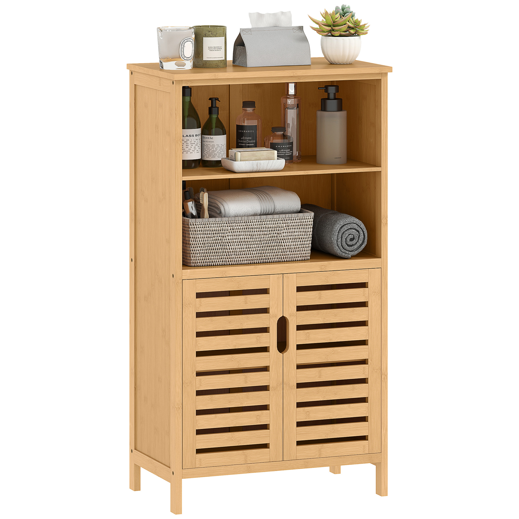 kleankin Mueble de Baño de Bambú Armario de Baño con 2 Puertas 2 Estantes Abiertos y Patas Elevadas Antivuelco 50x29x92 cm Natural