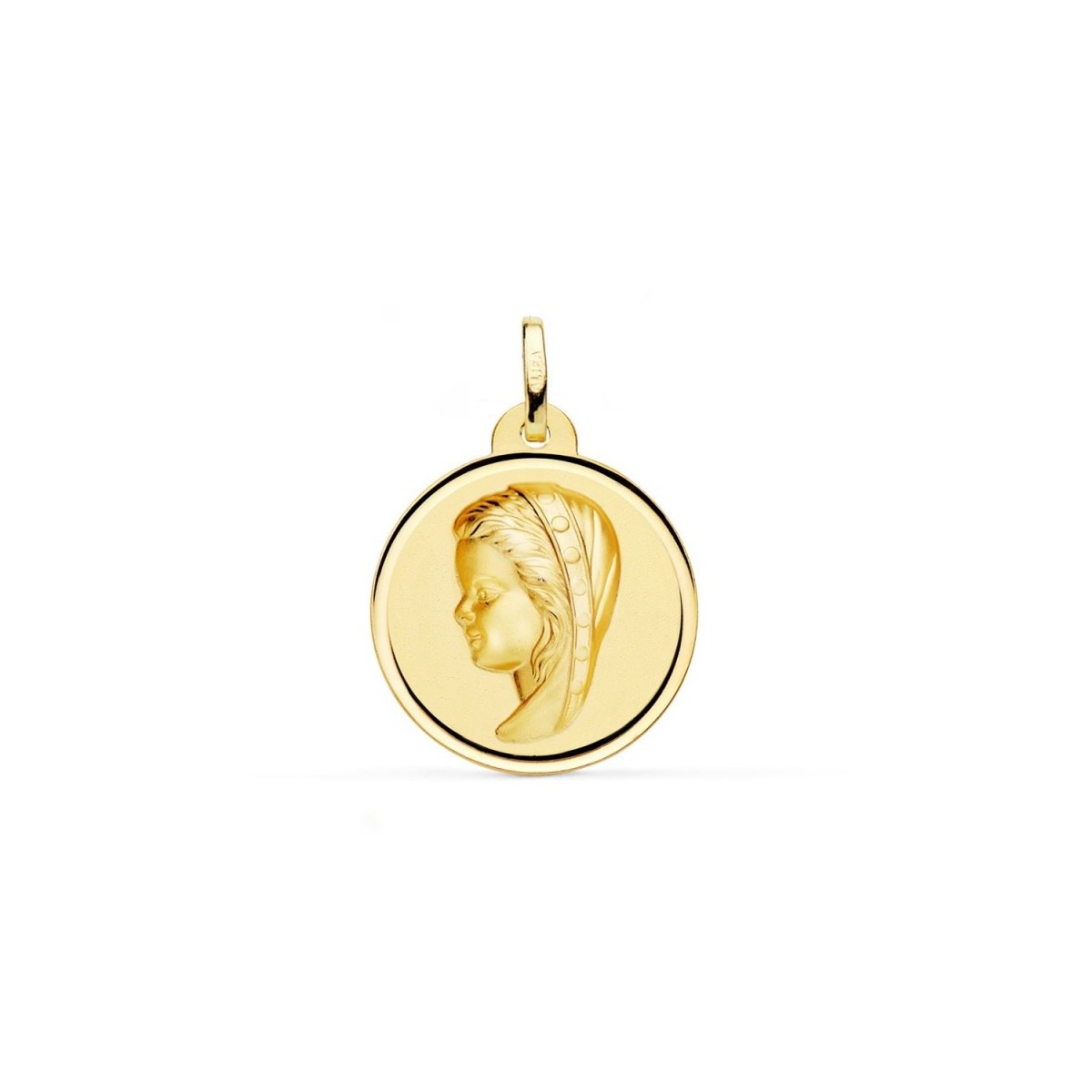 Virgen Niña medalla oro 18k Primera Comunión colgante 24 mm. detalle bisel liso