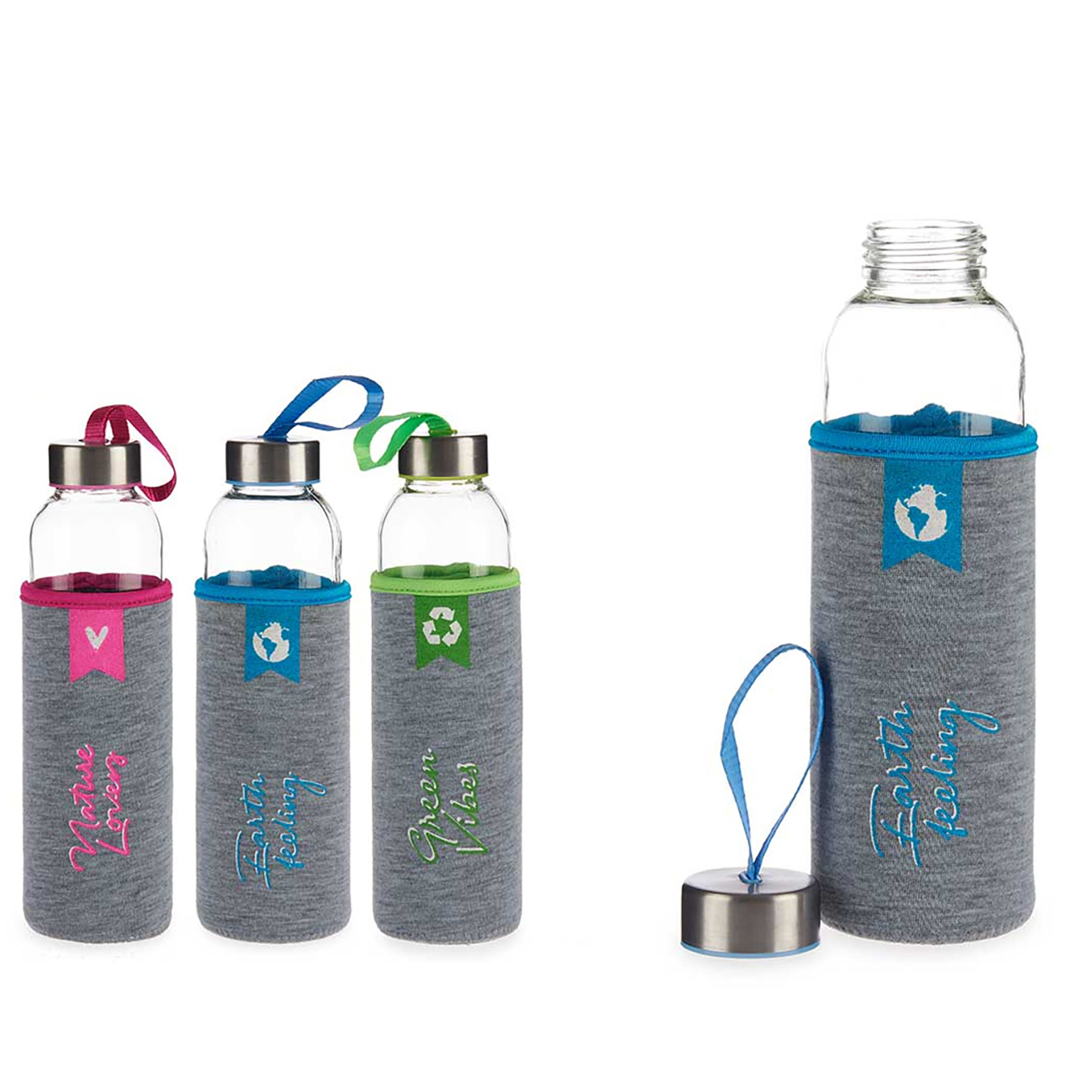 DAM. SET 3 BOTELLAS NEOPRENO CRISTAL COL ETIQUETAS MENSAJES 500 ML 6,5x6,5x22 cm.