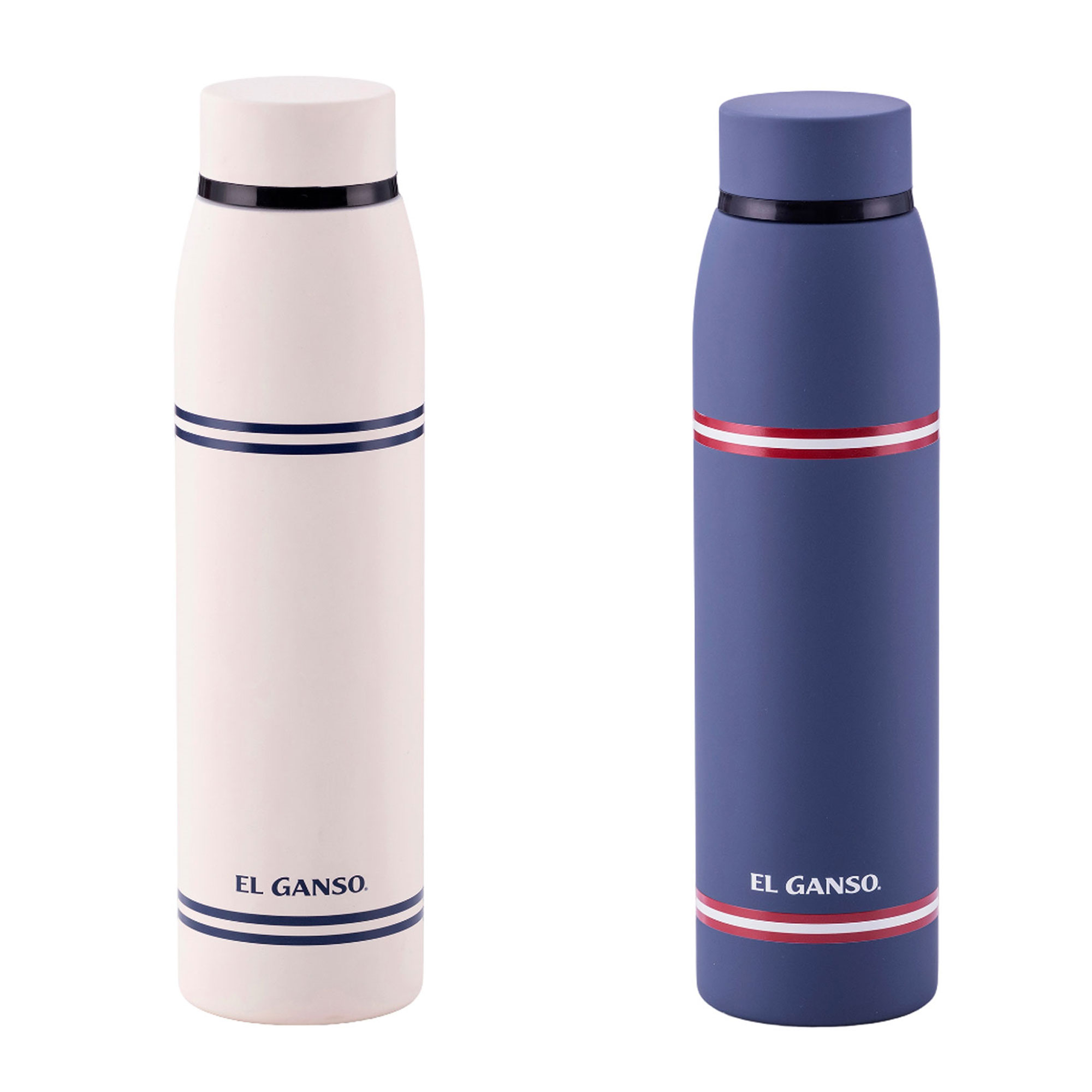 Botella de agua de cristal El Ganso, elegante accesorio  con diseño de rayas azules y rojas