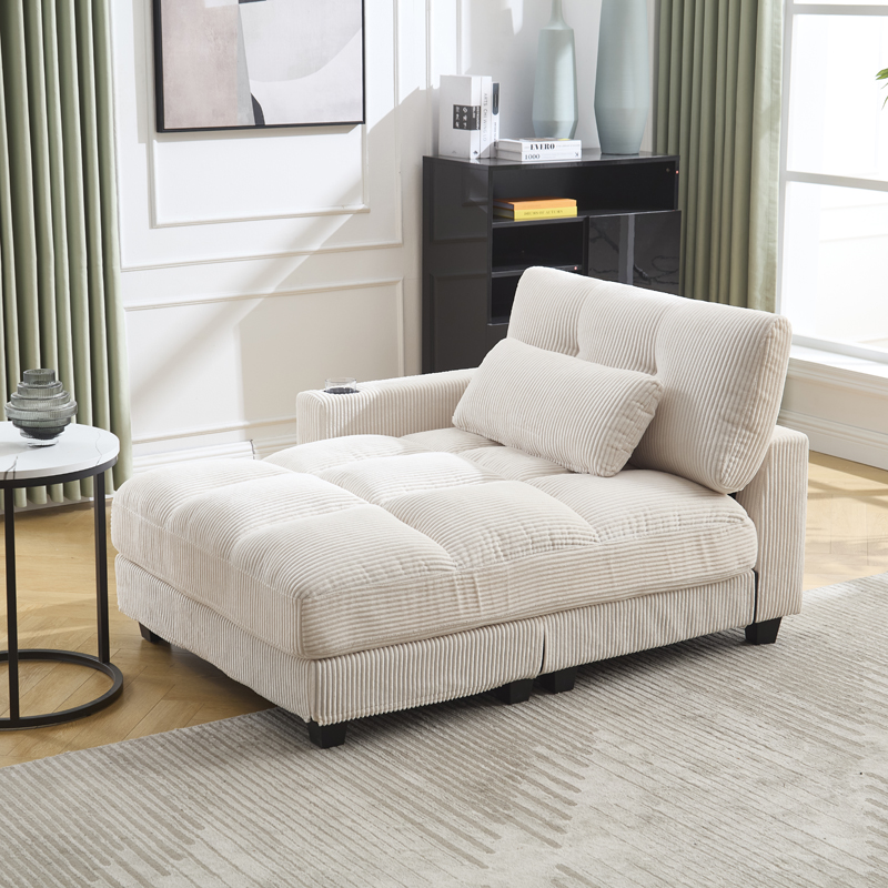 Fauteuil lounge beige en velours côtelé avec porte-gobelets et poches latérales
