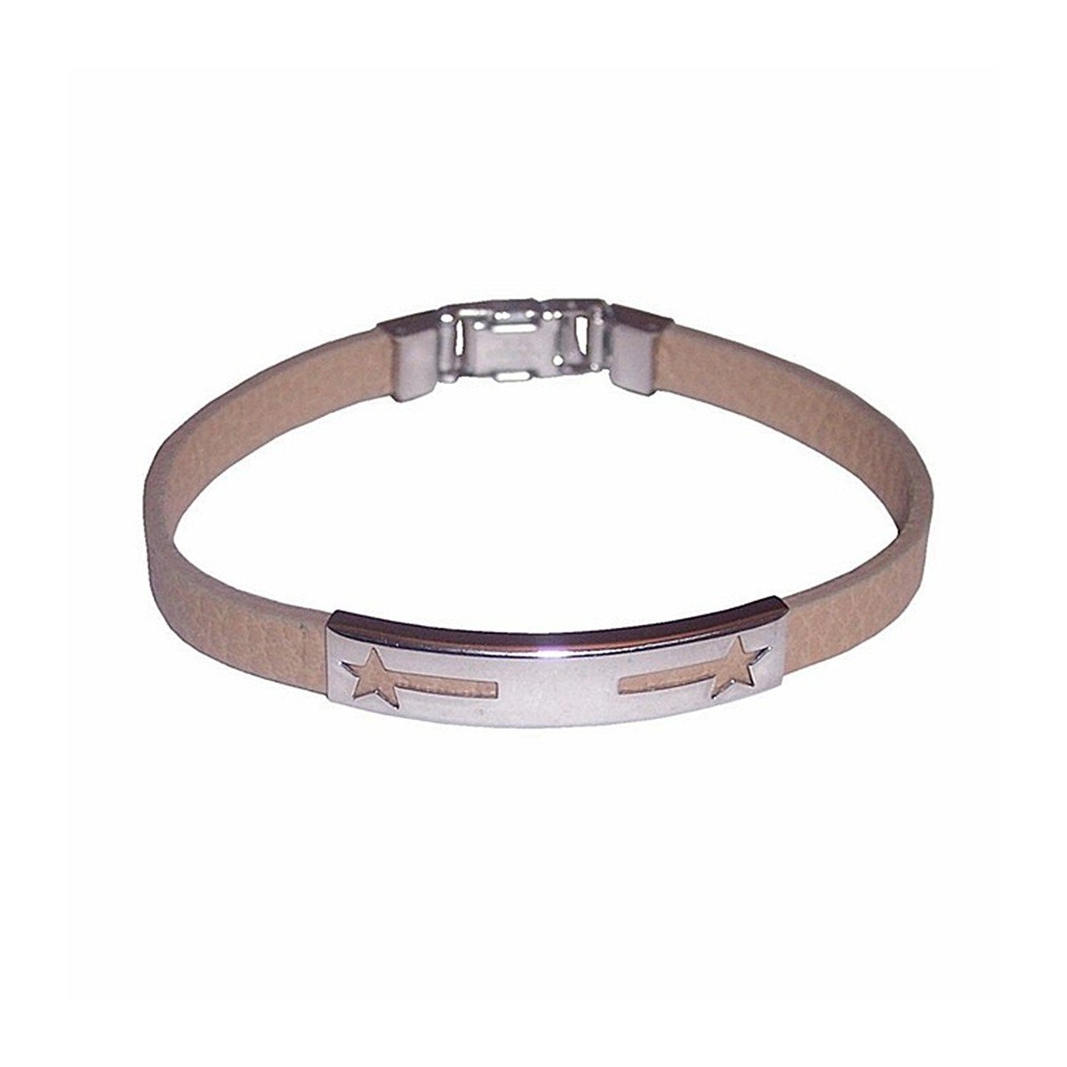 Pulsera acero inoxidable 20cm. piel beige detalle estrellas