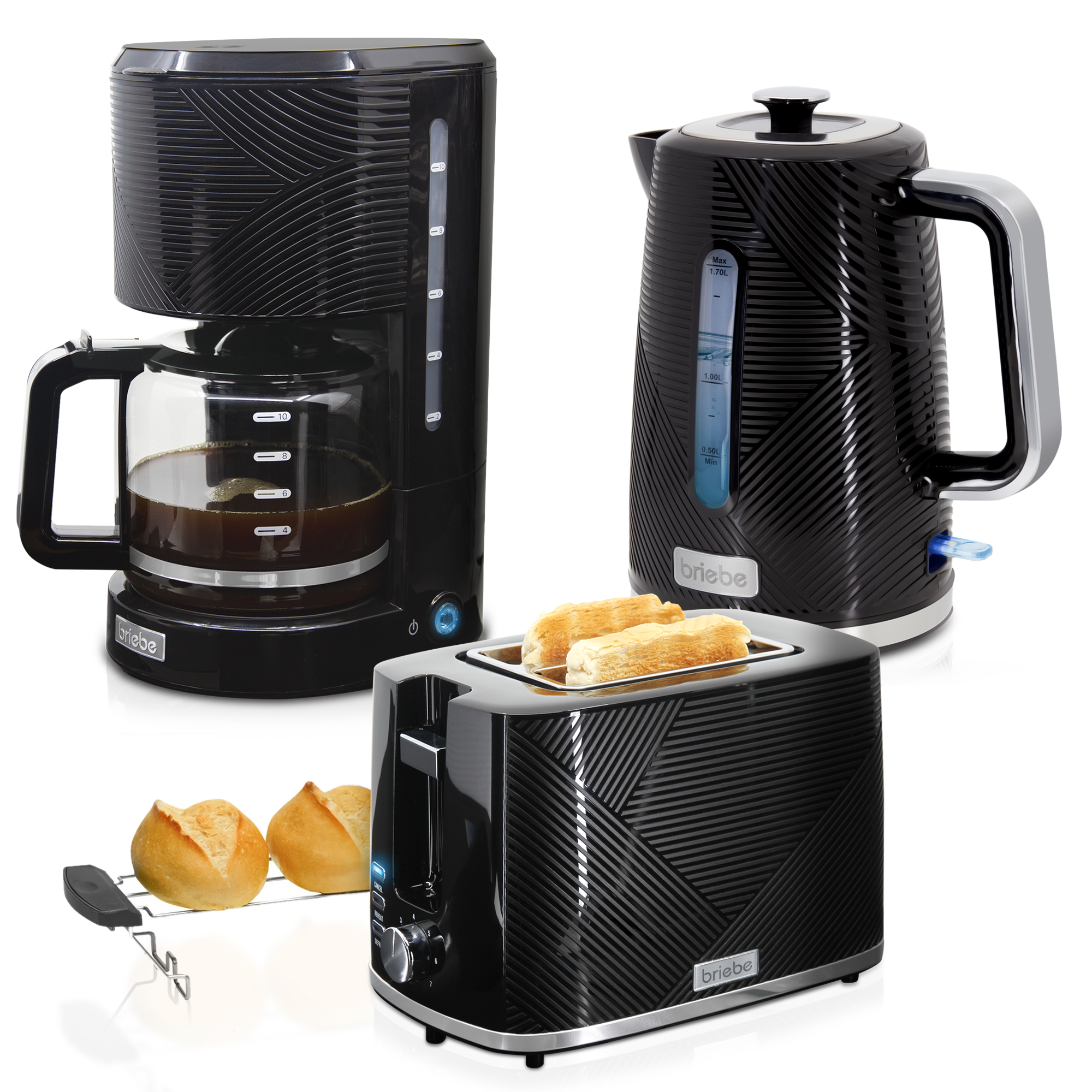 Briebe SKT1178BLK Elegance Set Tostador Pan Ranura Ancha 2 Rebanadas, Hervidor Agua Eléctrico 1,7L Cafetera 1,25L, , Negro