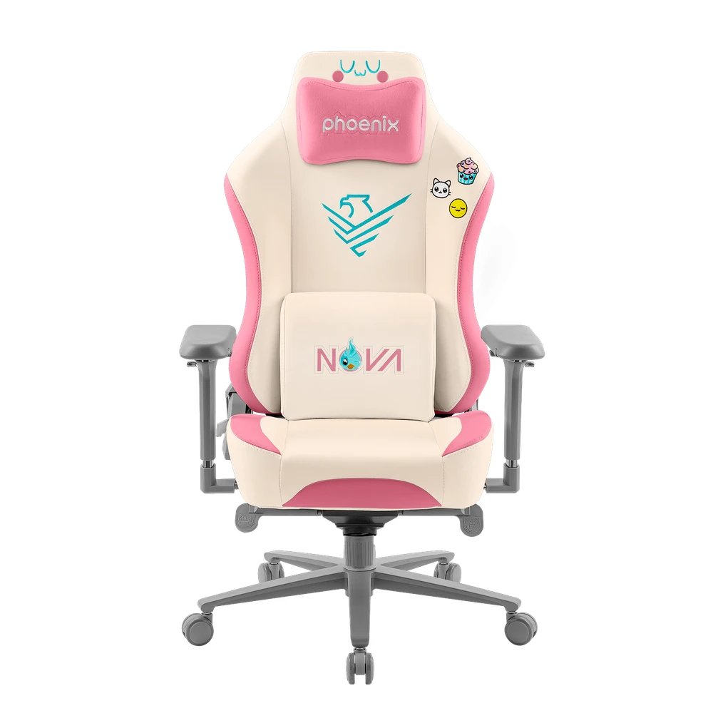 Phoenix - Silla gaming Nova-KA de cuero crema y rosa con estructura de hierro forjado para gaming y oficina, ergonómica 4D y soporte lumbar