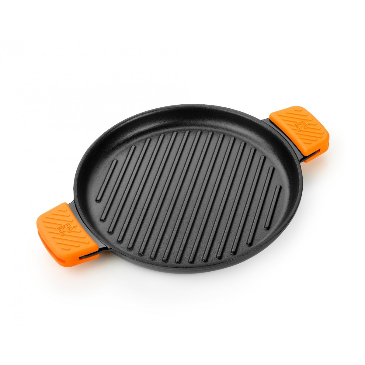 Bra - Parrilla Redonda con Rayas Efficient Iron, Hierro Fundido Esmaltado, Apta Inducción y Horno, Incluye 2 Asas Silicona