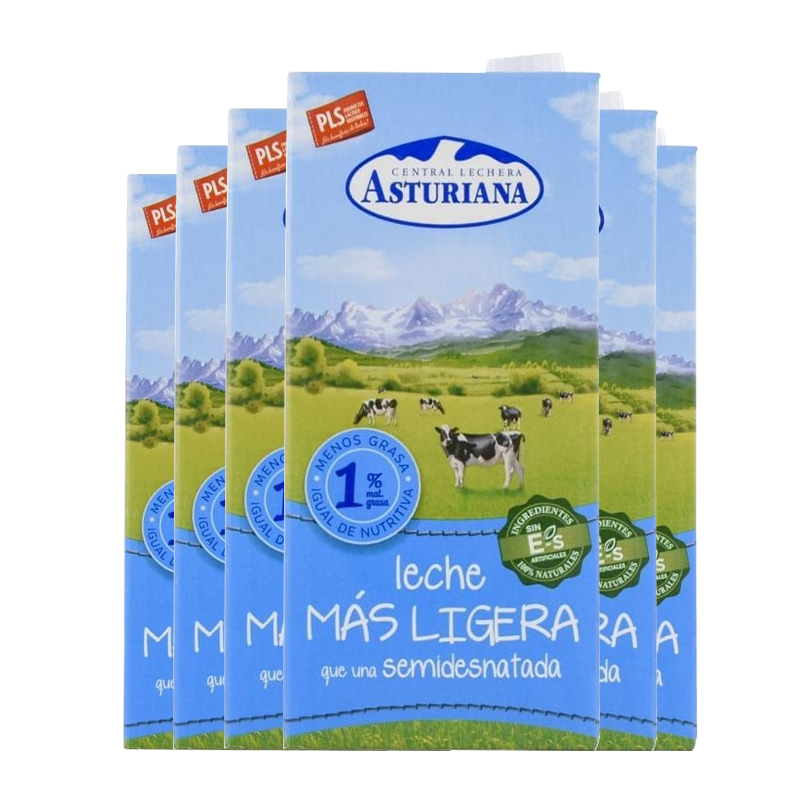 Asturiana - Leche semidesnatada Asturiana Ligera 1 litro pack 6 bricks. Total 6 litros.