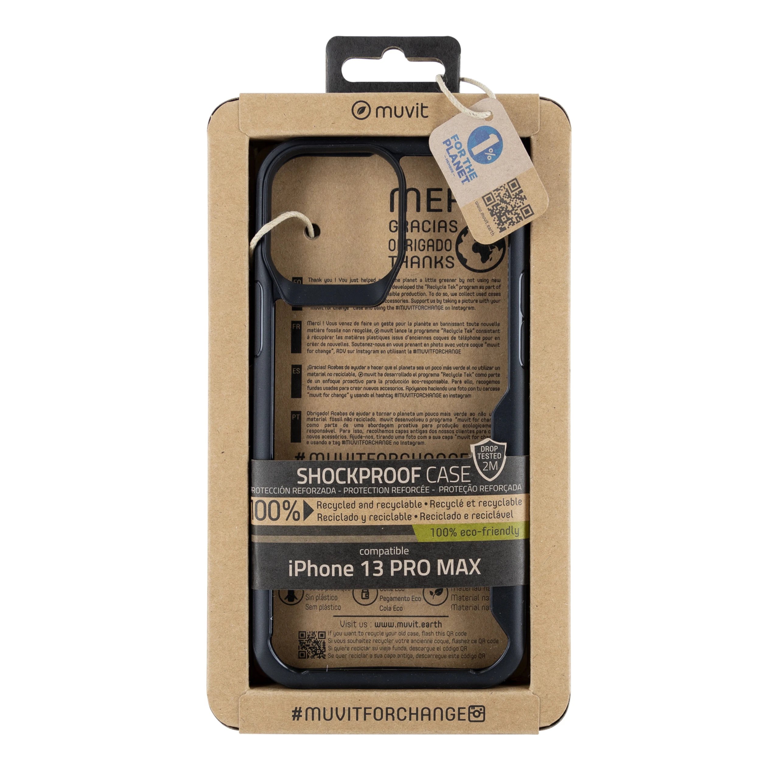 Muvit - Funda para iPhone 13 Pro Max MCSPS0010 Shockproof 2 m, reciclada al 100 % con diseño transparente/negro y compatibilidad MagSafe