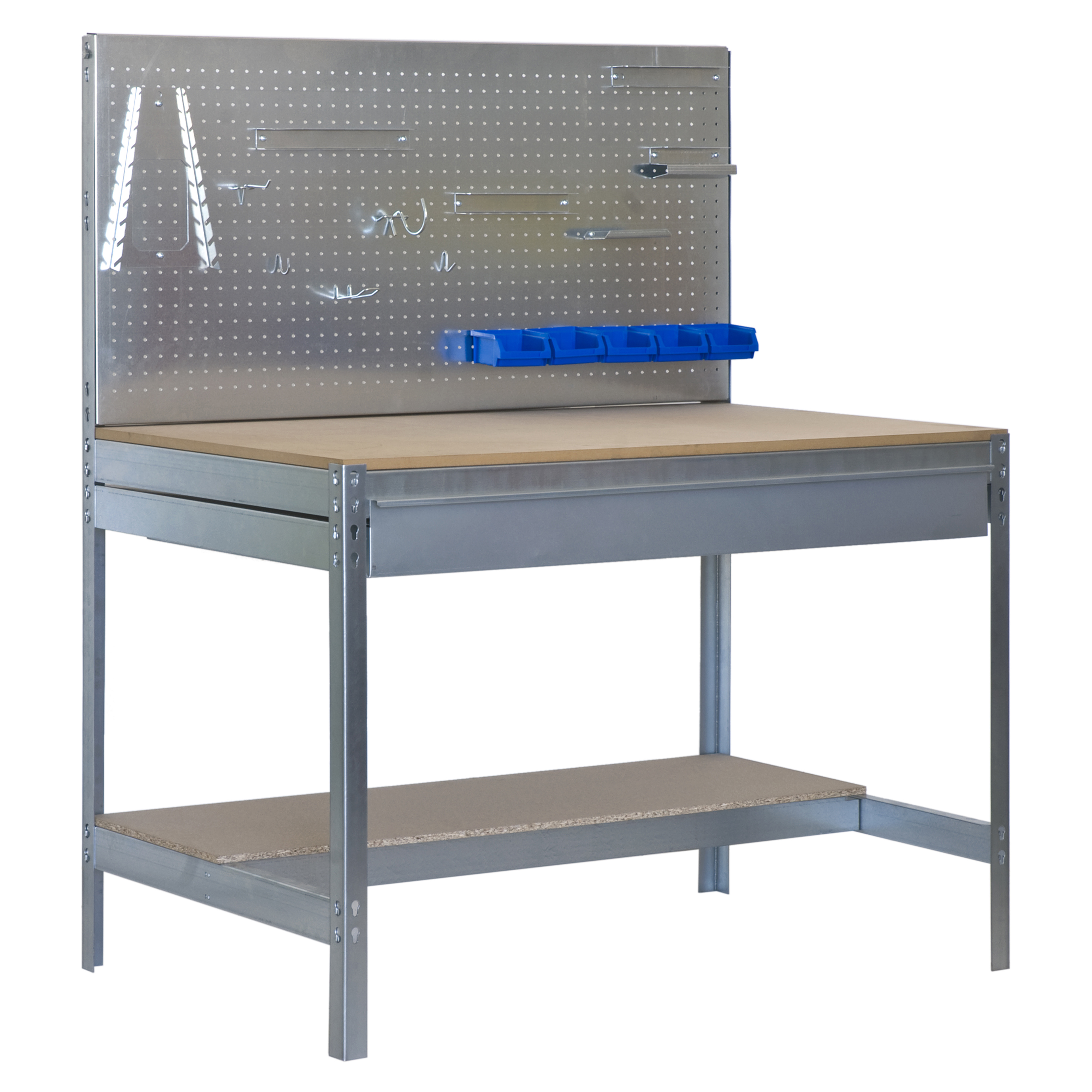 SimonRack Banco de Trabajo Taller, Capacidad Carga 600 kg, 1445x1510x610 mm, Mesa de Trabajo, 1 Cajón, Galvanizado/Madera - BT2