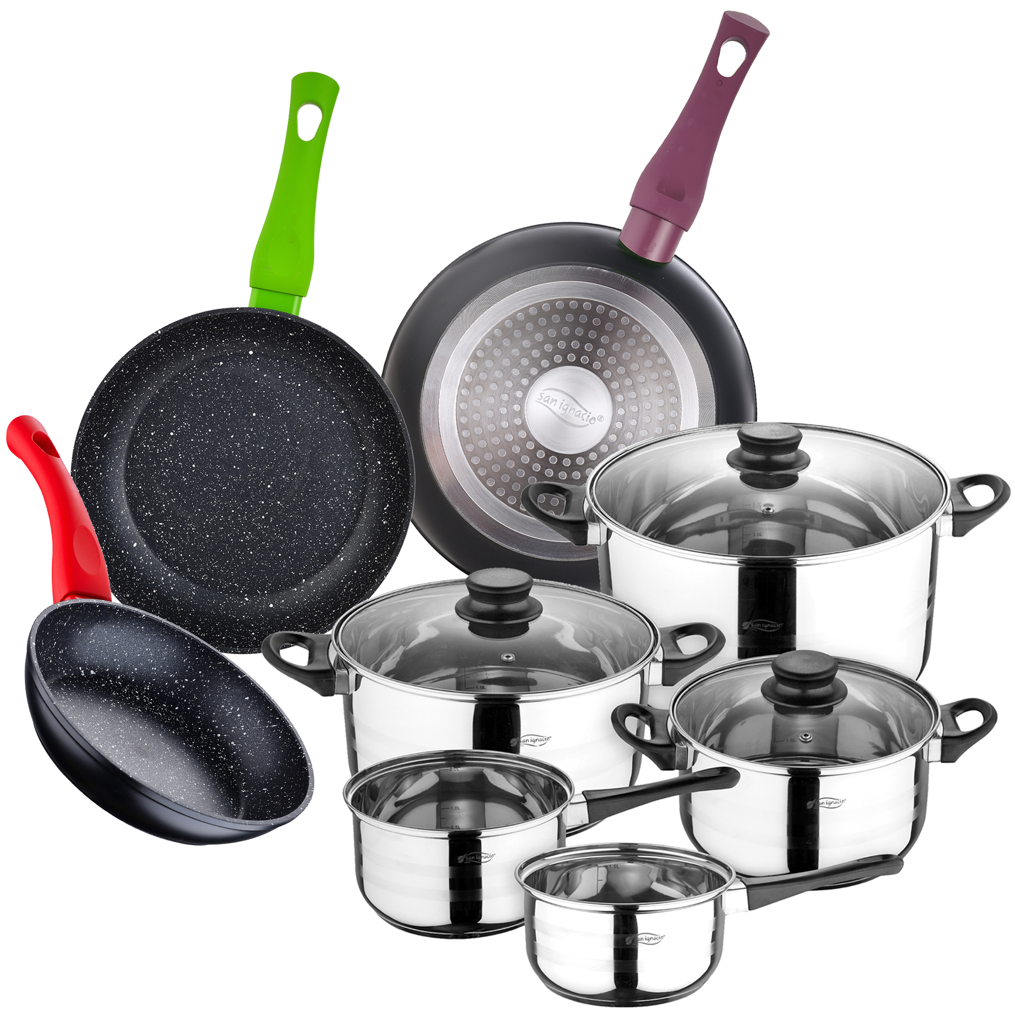 San Ignacio - Batería de Cocina 8 Piezas en Acero Inoxidable y Sartenes de Aluminio Prensado