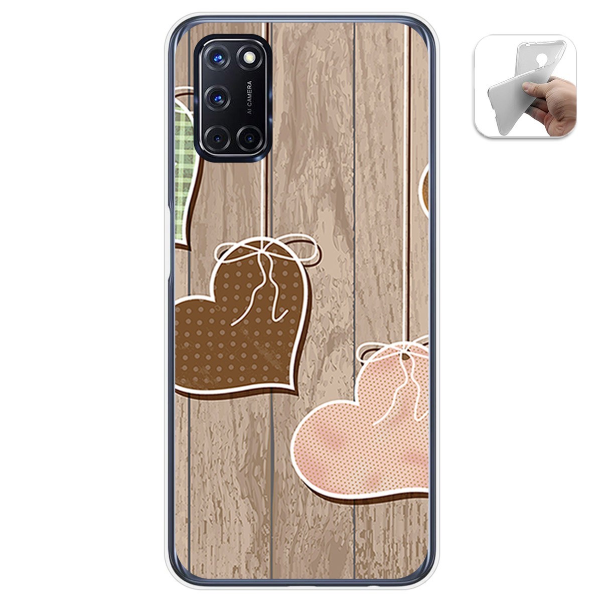 Tumundosmartphone Funda Gel Tpu para Oppo A52 / Oppo A72 diseño Corazones Madera Dibujos