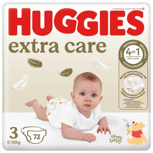 Huggies Extra Care - Pañales talla 3 (6-10 kg), ultraabsorbente, diseño Disney, paquete de 72 unidades