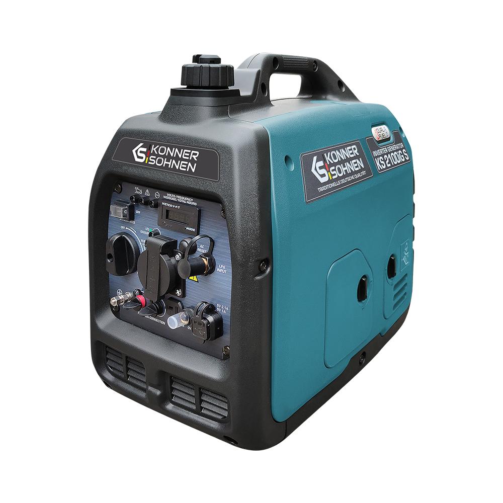 Generador de Inverter de Gasolina y Gas LPG Könner & Söhnen KS 2100iG S, 2000 W, Silencioso 62 dB, 1x16A + 2 USB, Modo Económico, Avvolgimento in Rame, EURO V, Ideal para Camping, Emergencias y Uso Exterior