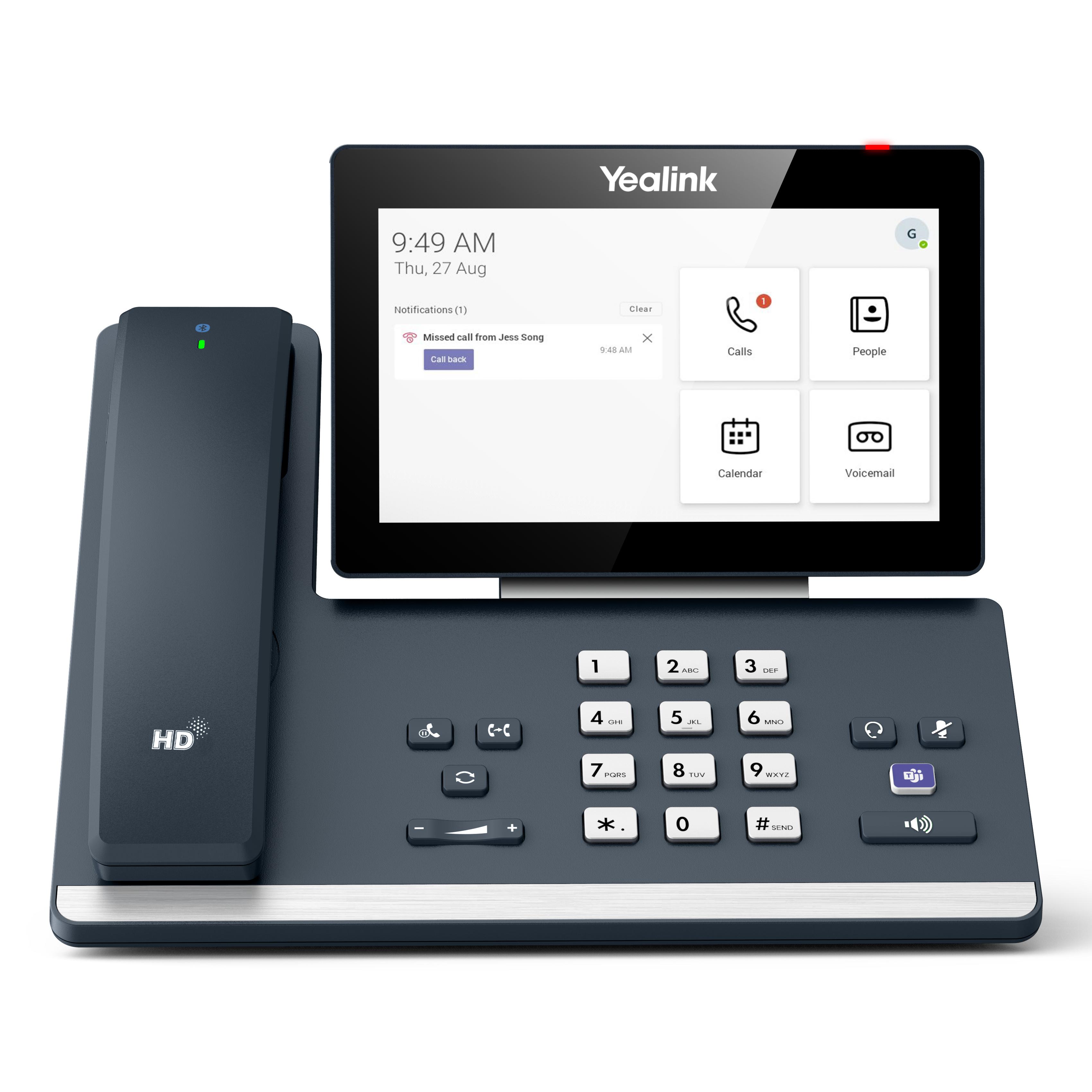 Yealink MP58-WH E2 Teams IP phone with gray LCD display, wired headset connection, Gigabit Ethernet, and hands-free functionality, perfect for office use, supports multiple voice codecs for efficient communication.