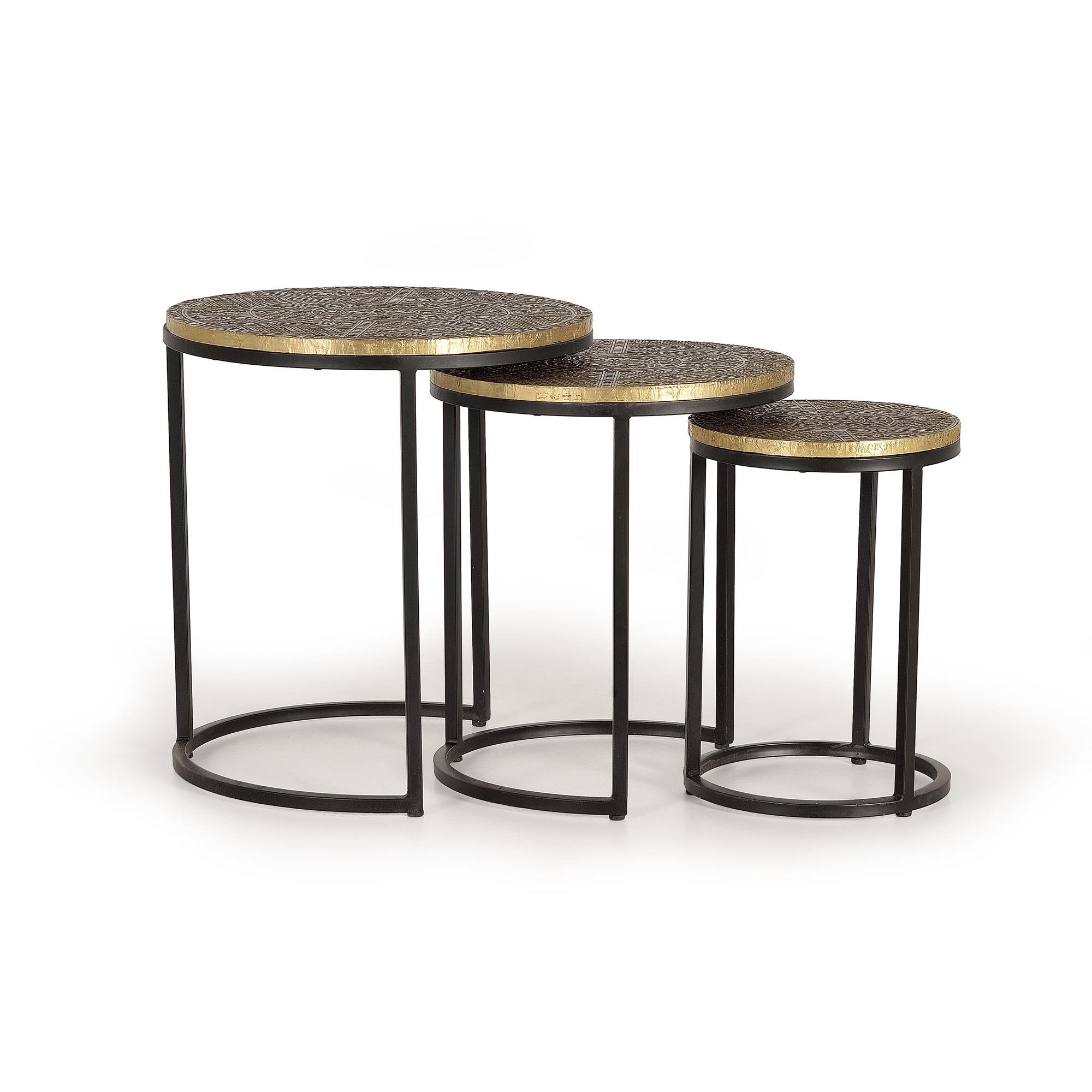 Set de 3 mesas tapa de bronce y base de metal