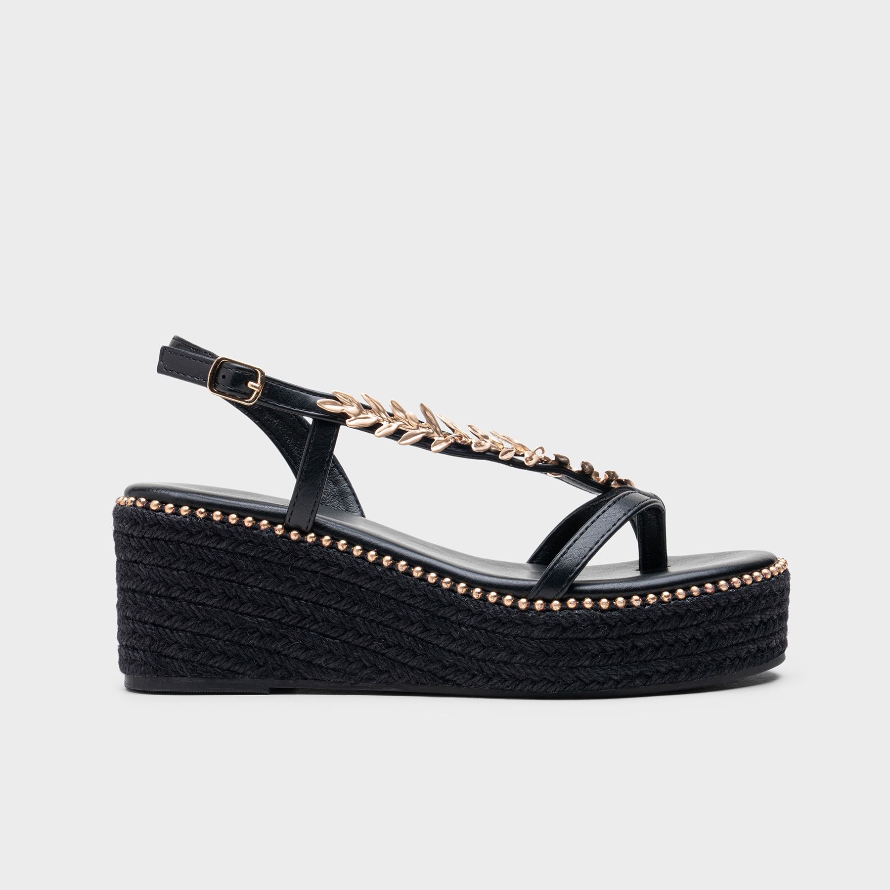 Alpargatas Plataforma Elegantes Cómodas Tira al Dedo Estilo Griego Primavera Verano - Sandalias Cuña Esparto Mujer con Adorno Rama Dorada y Tachuelas
