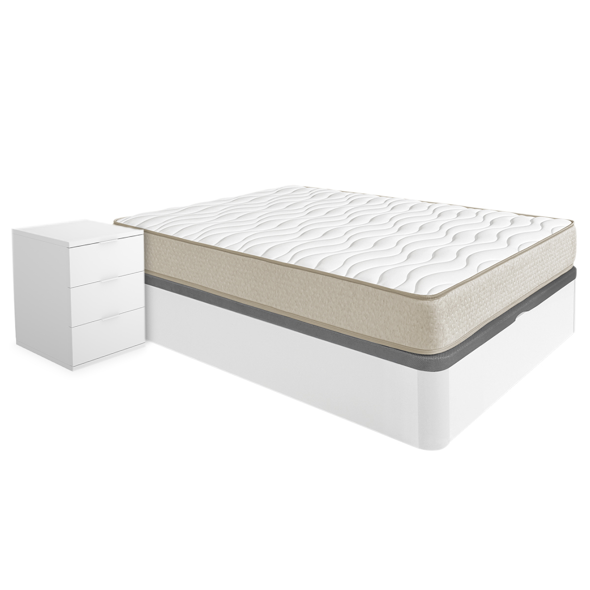 Pack ahorro matrimonio Canapé Round con Colchón viscoelástico Nova Plus 150 x 190 cm y 2 Mesitas de noche Rio| Montaje Incluido (Solo canapé)