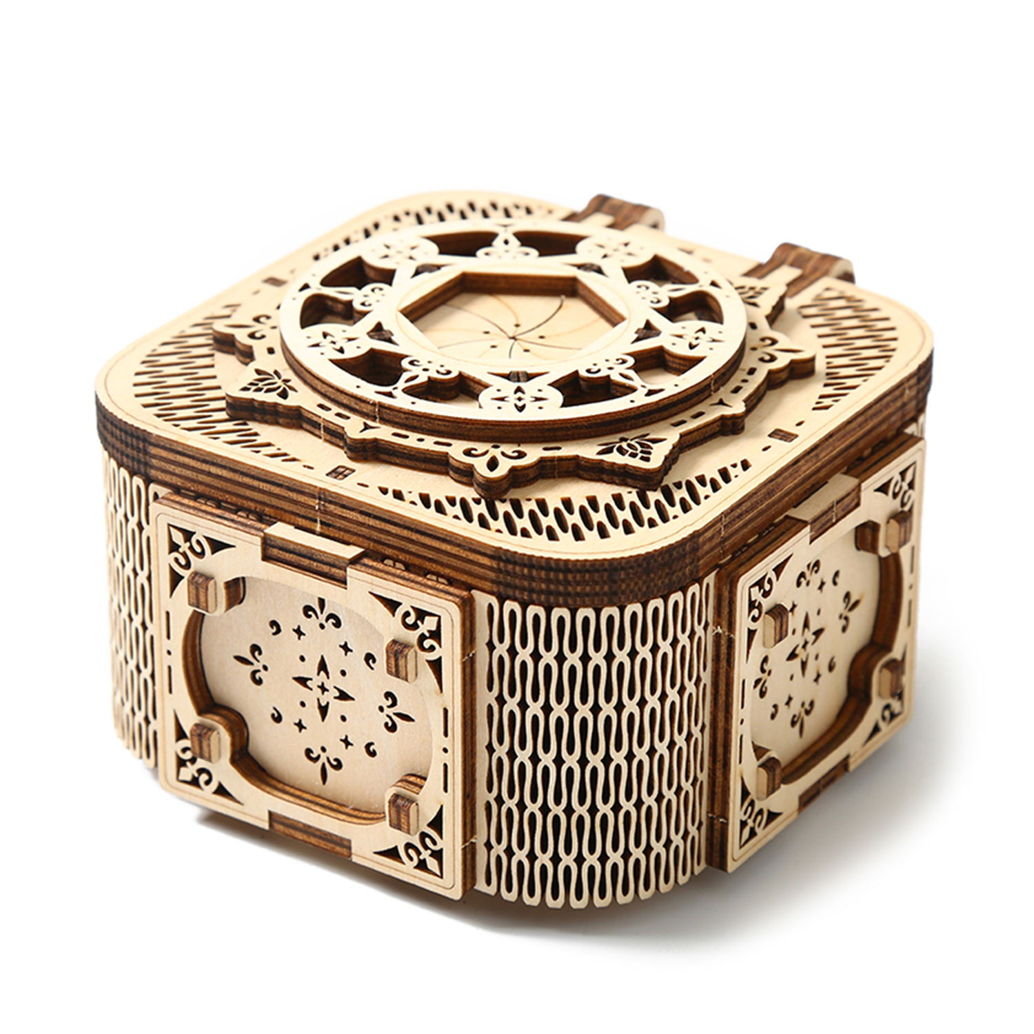 DAM. Maqueta de Madera 3D, diseño de Caja de música con movimiento mecánico. 68 piezas. 13x13x17cm.