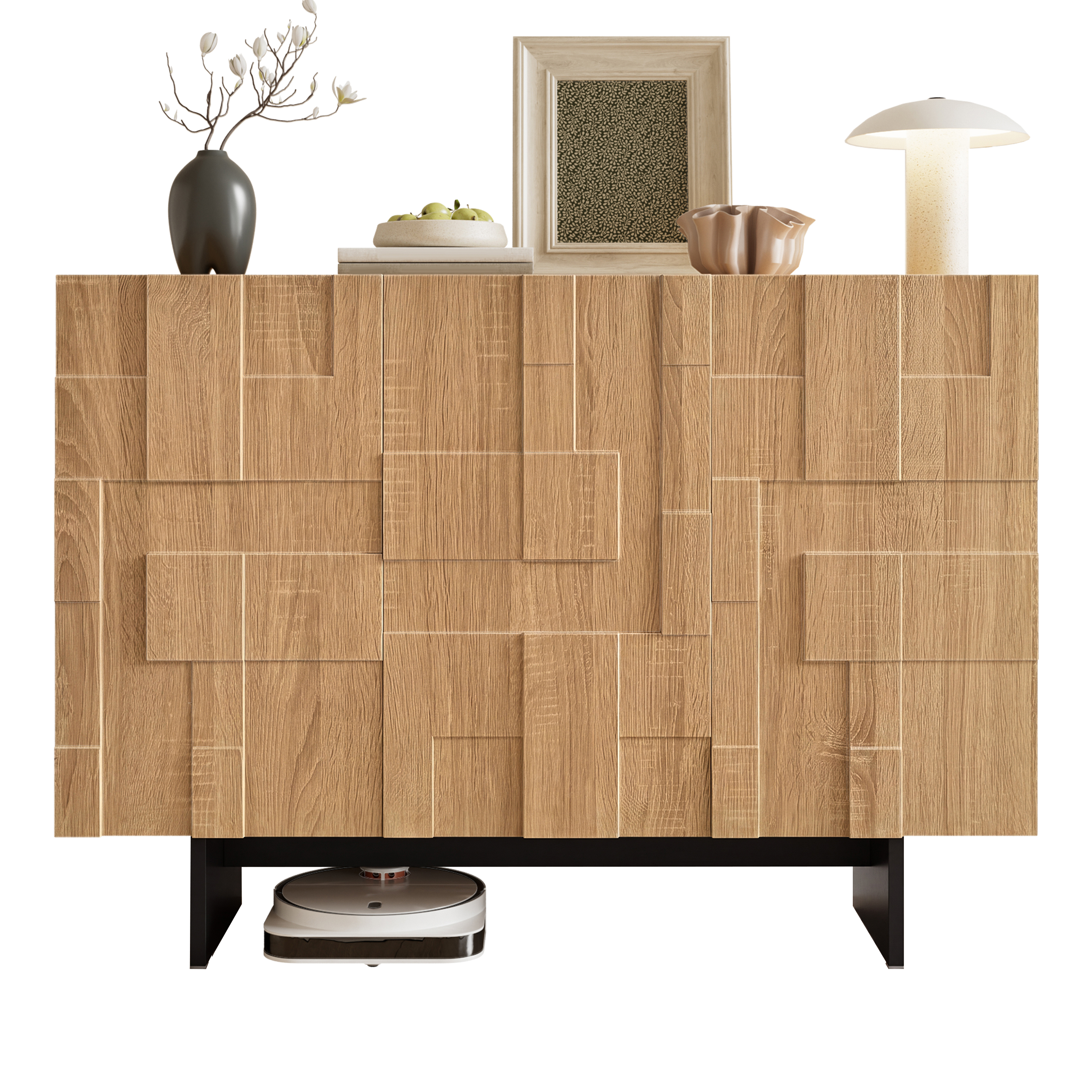 Buffet effet bois naturel et noir avec 3 portes, façades géométriques et étagères réglables