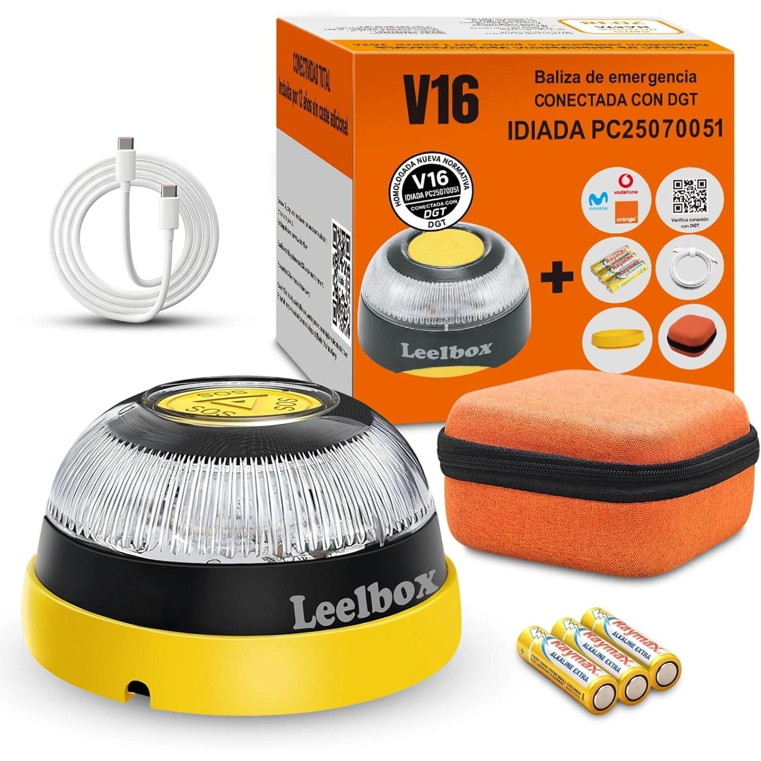 LEELBOX Baliza V16 Geolocalización DGT 3.0 | Led Conexíon | Bateria | GPS Homologada por DGT [SIM y Datos Pagados hasta 2038]