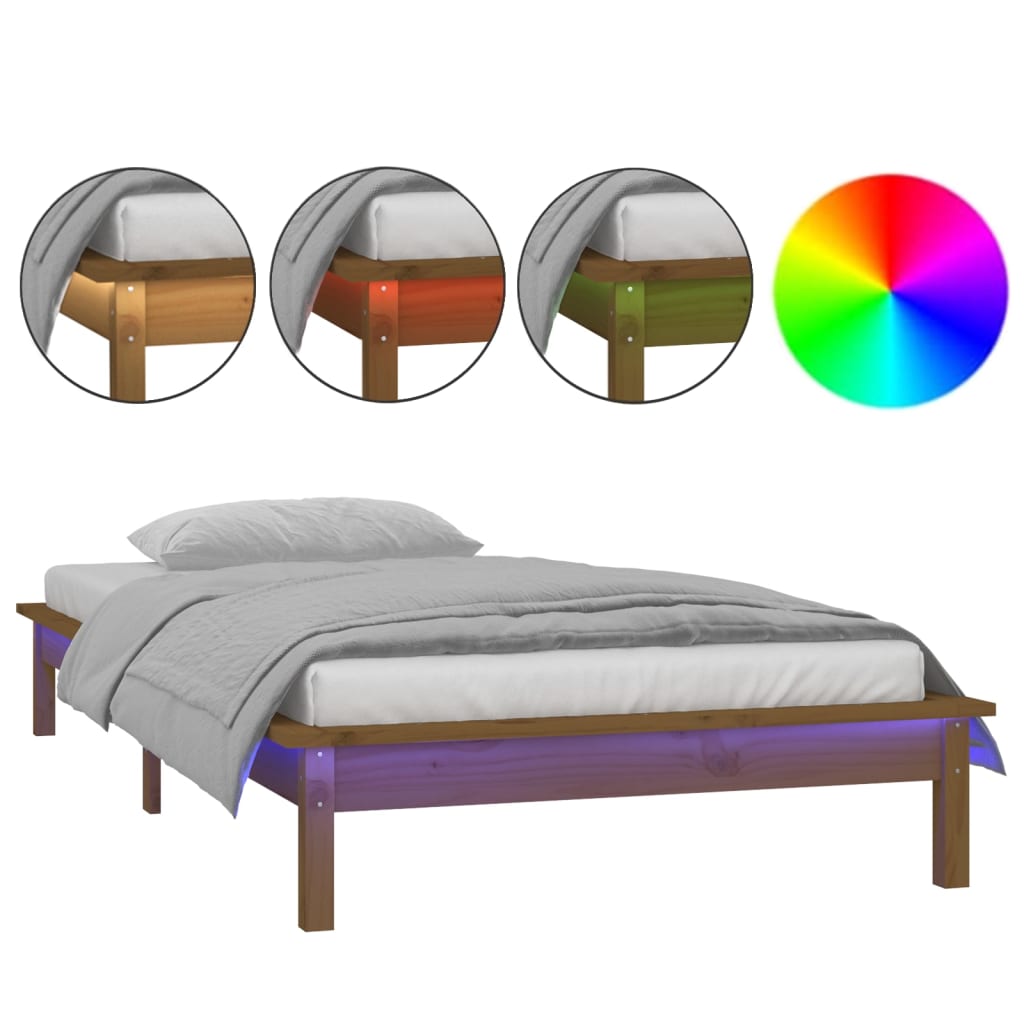 vidaXL Estructura de cama con LED madera maciza marrón miel 90x190 cm