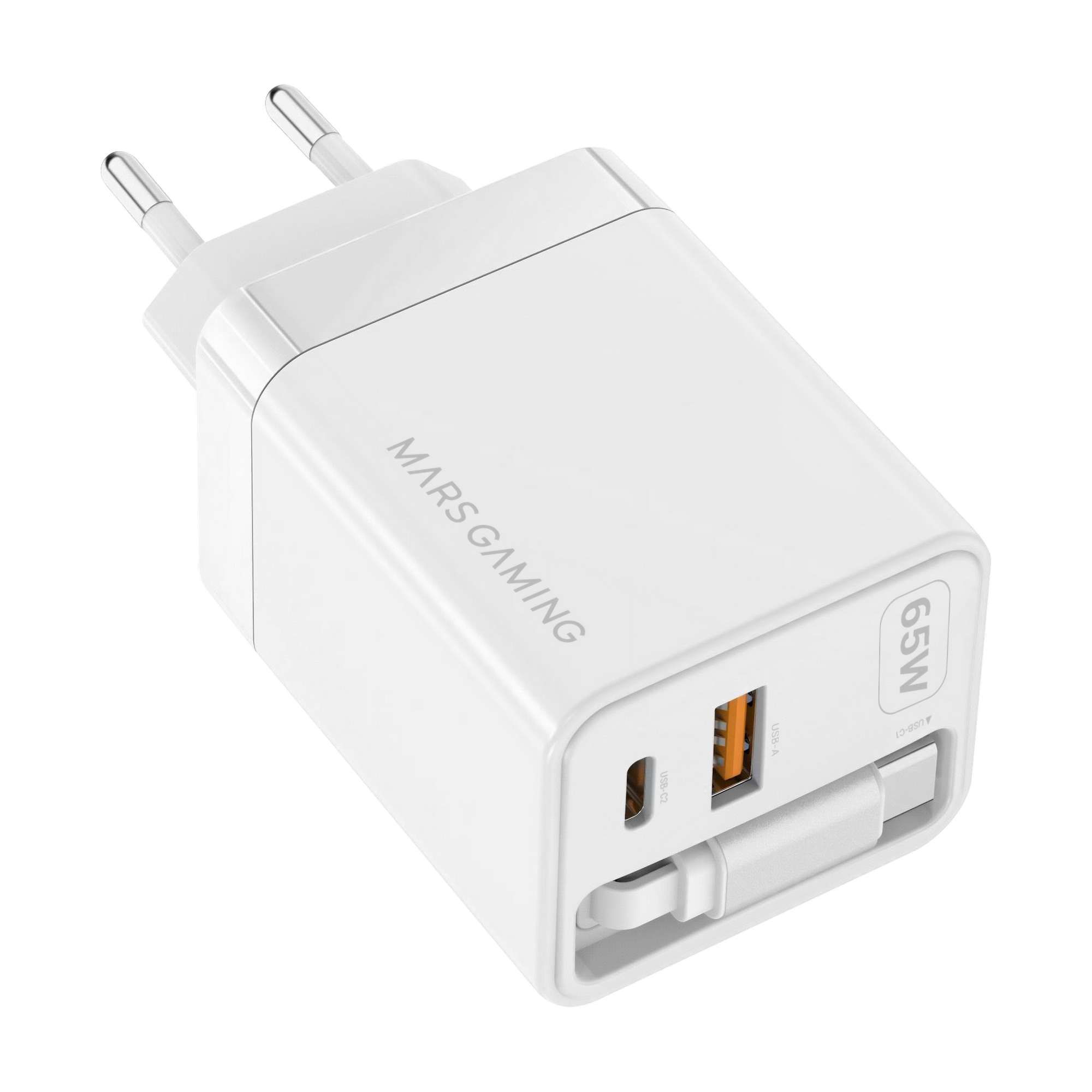 Mars Gaming MD-GAN65R, Cargador USB-C 65W Ultracompacto, Carga Rápida QC 3.0 y PD 3.0, Tecnología GaN, Cable Retráctil Plano 65cm, 9 Protecciones, Puerto USB-A y USB-C, Enchufe Europeo Tipo C, Cargador Negro o Blanco