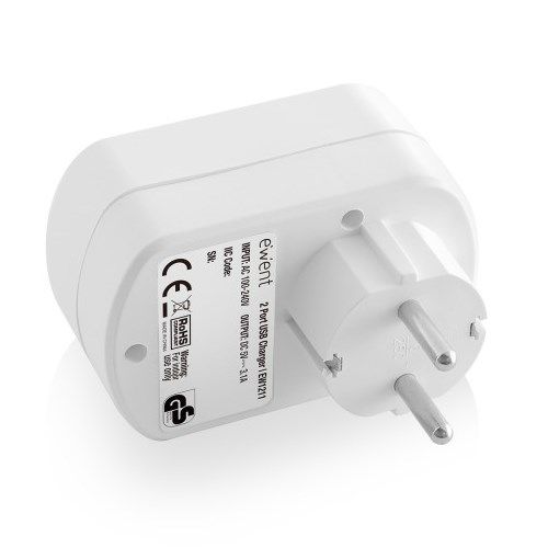 Ewent - Cargador USB EW1211 de 155 W con 2 puertos para tablet y smartphone, enchufe Shuko blanco, carga rápida simultánea