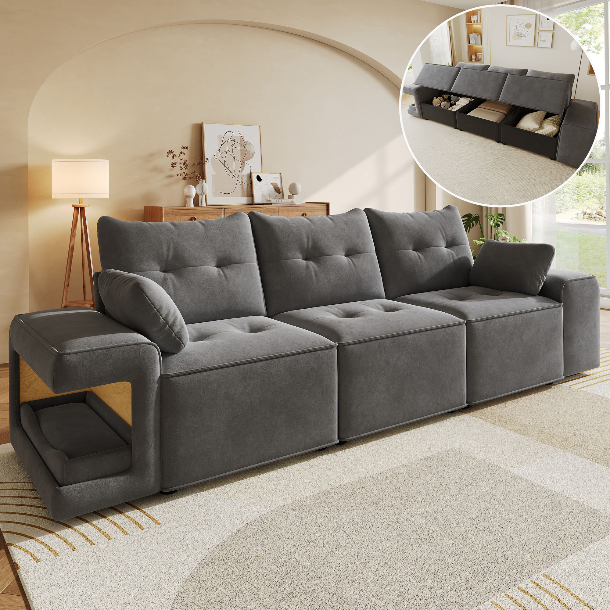 Canapé modulable 3 places gris en velours avec rangement intégré, accoudoirs larges et espace pour animal