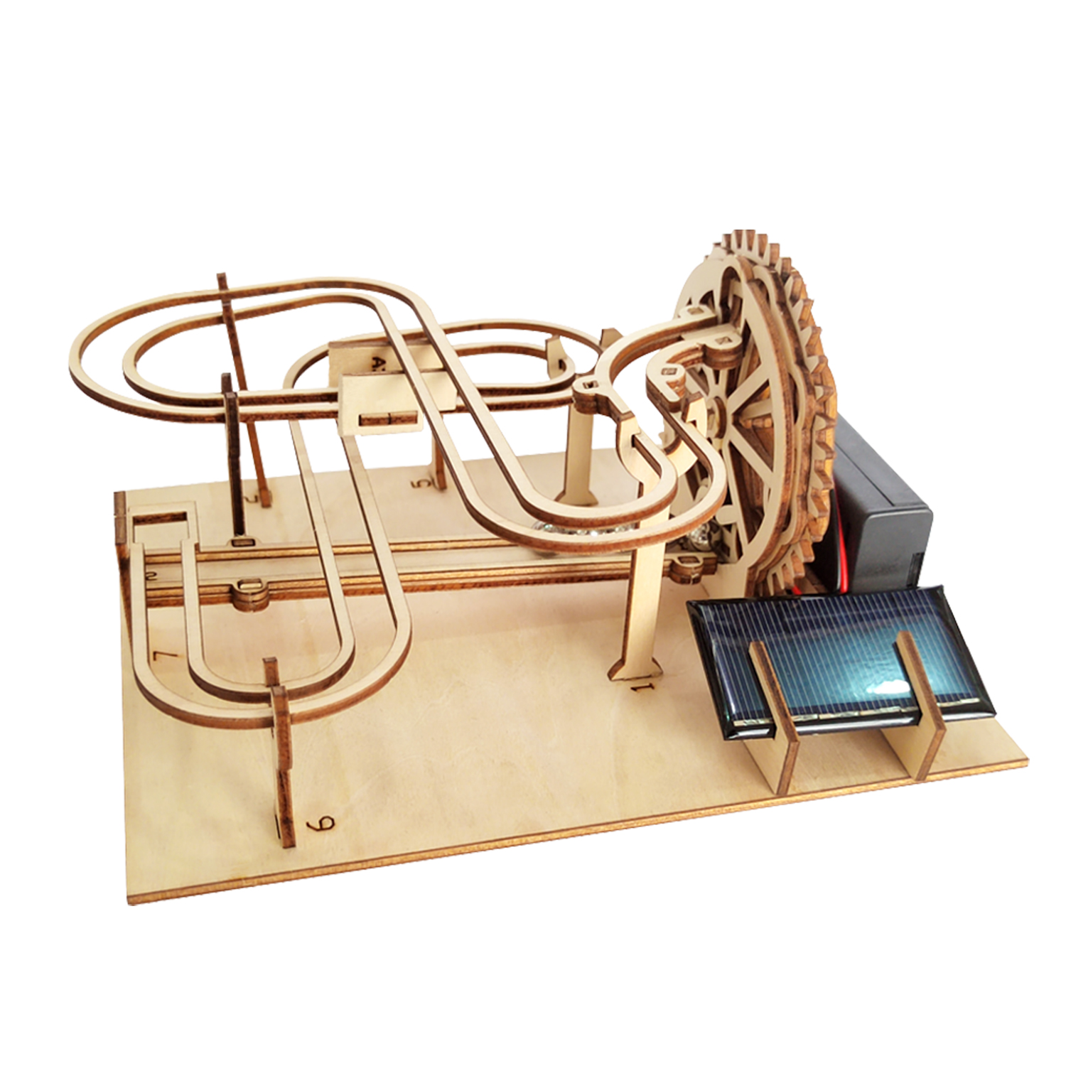 DAM. Maqueta de Madera 3D, con movimiento mecánico diseño de Pista de bolas con panel Solar. 19x16x9cm.