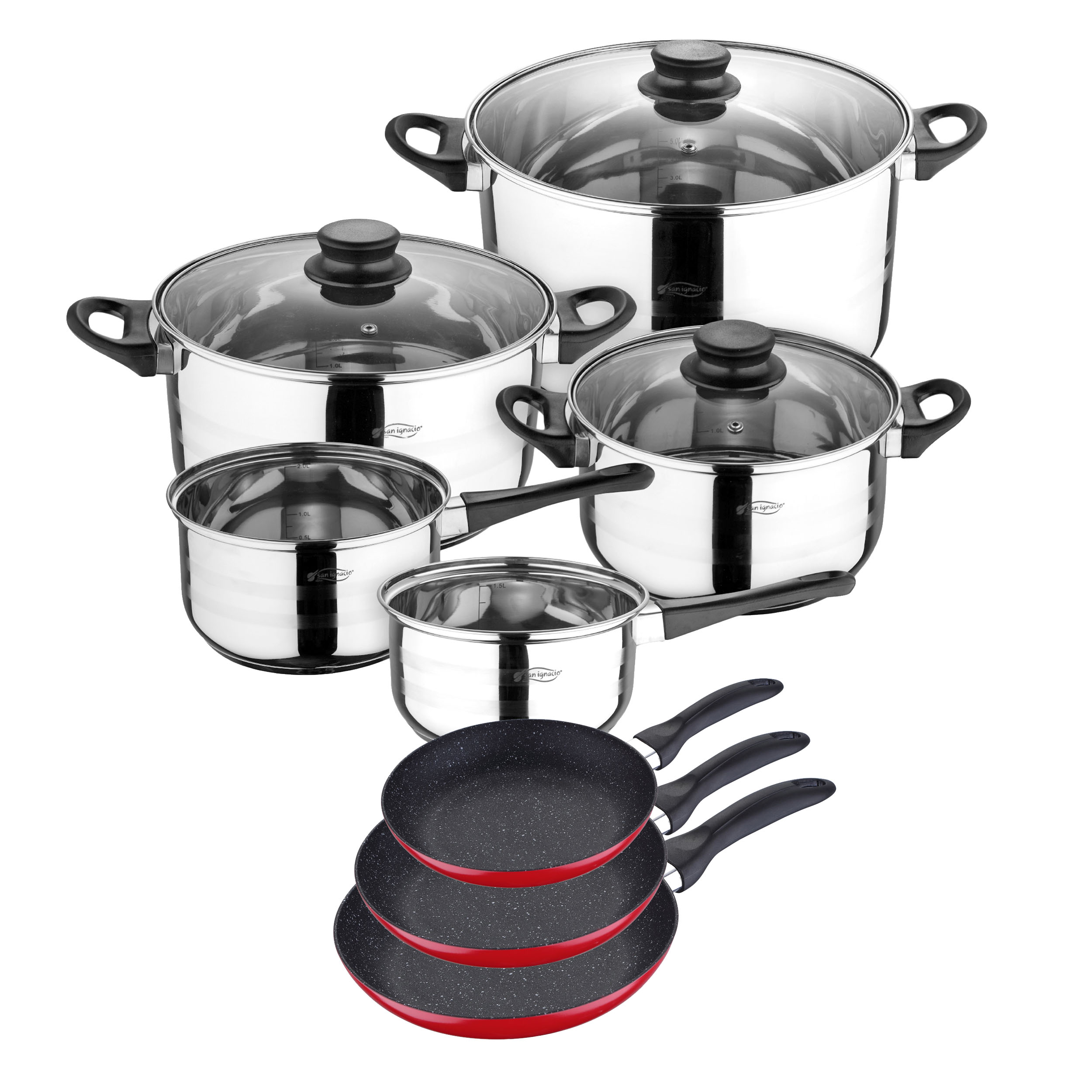 SAN IGNACIO - batería de cocina 8 piezas y juego de sartenes en rojo