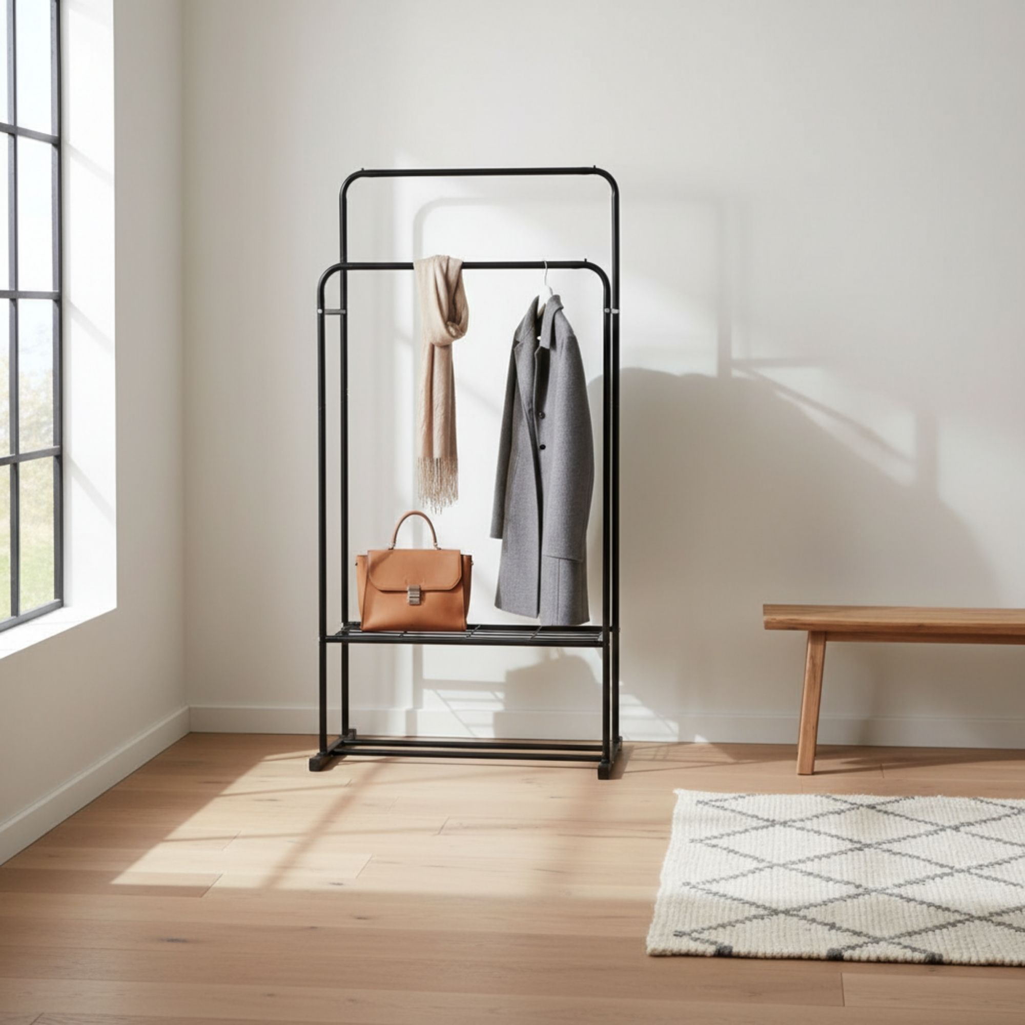 MOBLEKIT | Percheros de Pie y Percheros Extensibles de Metal y Madera, Burros de Ropa con Opciones Ajustables, con Ruedas o Estantes, Organizadores para Dormitorio, Entrada y Hogar