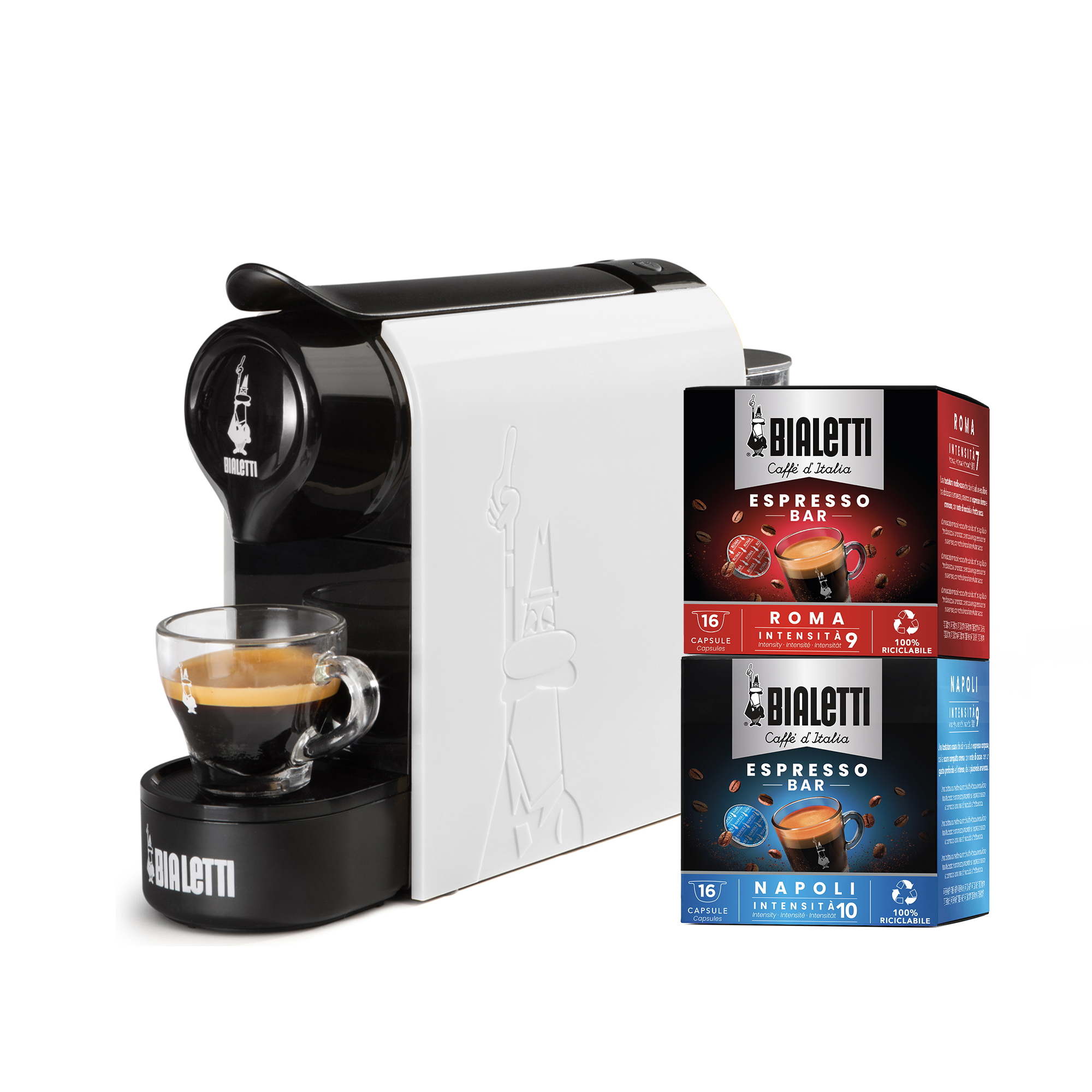 BIALETTI |+32 CAPS REGALO| Gioia Cafetera de cápsulas en Aluminio Bialetti Bundle Gioia Máquina de café Color Blanco, Rojo y Negro, Incluido 32 Cápsulas, Sarribaer-compacto, 500 ml Tanque, 1200W, utilizable solo con cápsulas Bialetti