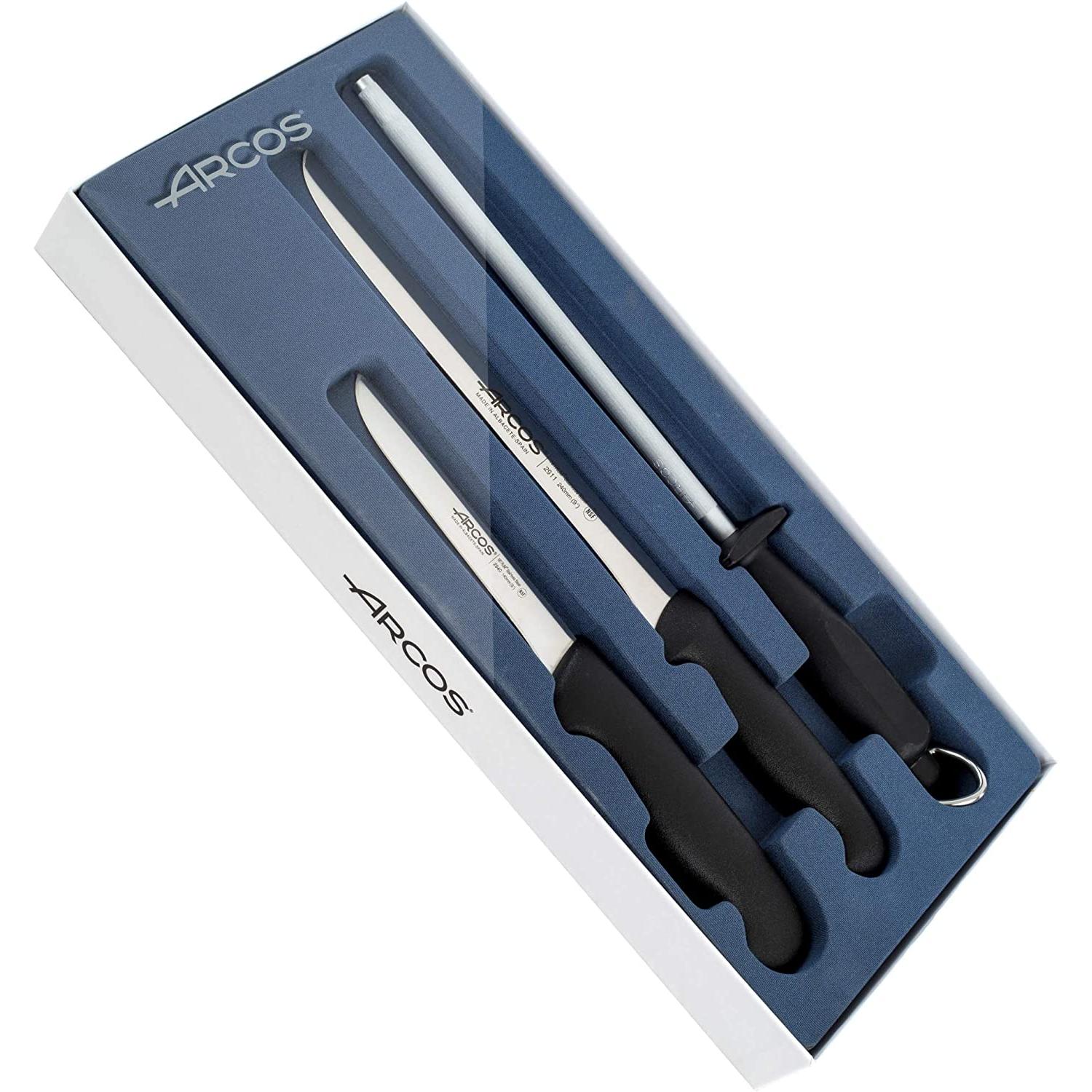 Arcos - Set Jamonero de 3 piezas, Acero Inoxidable, Mango Polipropileno, Color Negro