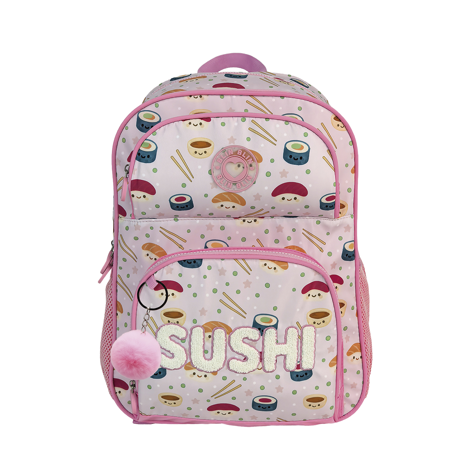 Mochila Primaria Blin Blin Sushi doble compartimento, de gran capacidad y adaptable a carro. Con accesorio pom pom.
