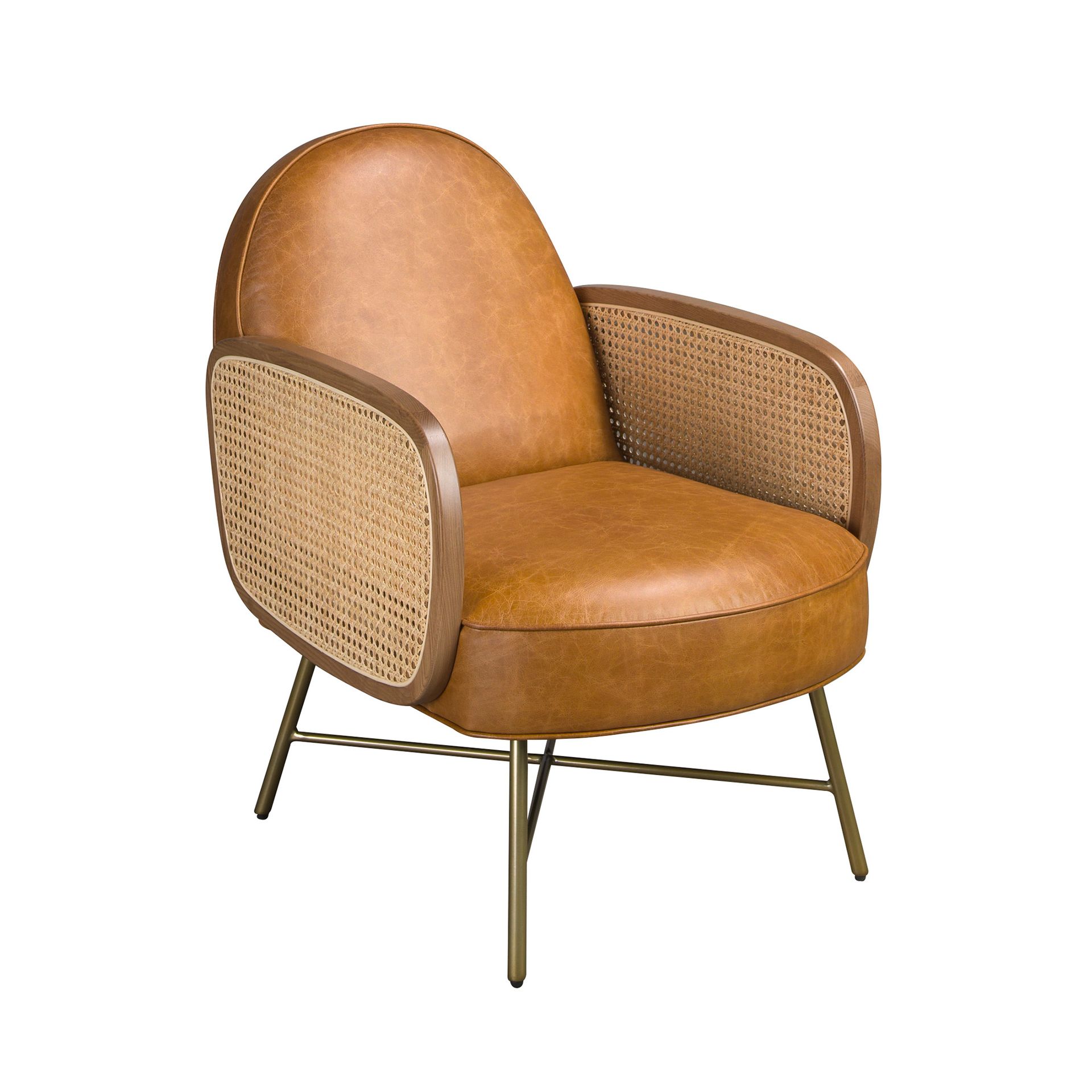Ángel Cerdá - Sillón Piel Marrón con Detalle en Ratán + Diseño Moderno y Elegante + Patas de Acero Inoxidable Dorado + Máximo Confort y Estilo + 60x81x80 cm