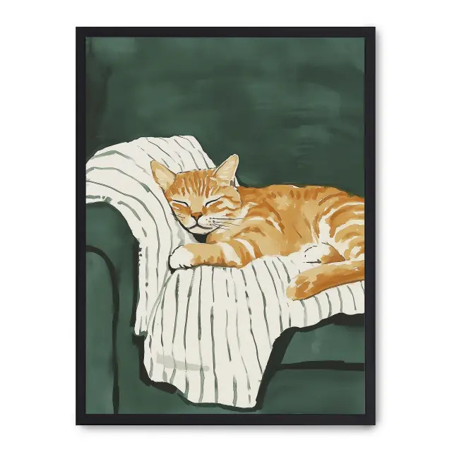 Cuadro sleeping cat 30x40cm, Póster impreso en papel de primera calidad de 180gr, montado sobre marco de madera MDF acabado en negro., Arte - Pinturas