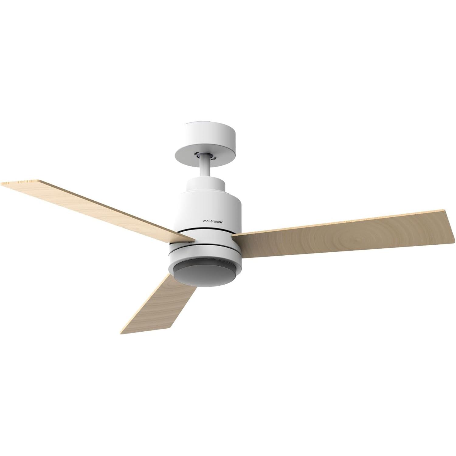 Mellerware - Ventilador de Techo con Luz Brizy Bright Core 45W  Ultra Silencioso  6 Velocidades  3 Aspas Reversibles 132 cm Diámetro  Función Verano-Invierno  Temporizador  LED