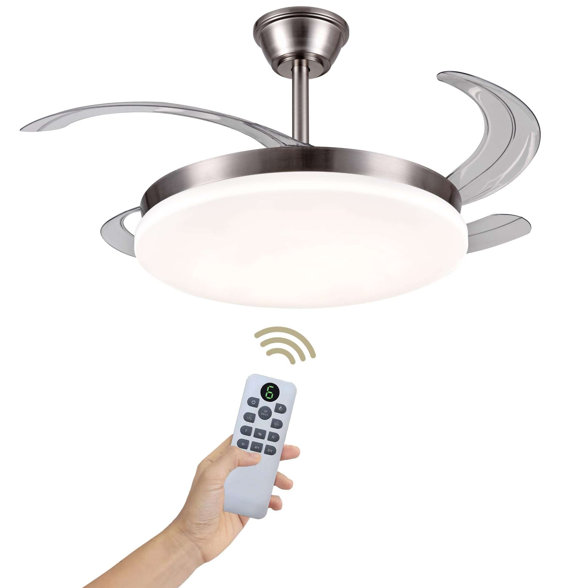 Ventilador de Techo Luz LED 72W Retráctil y Silencioso - Lámpara Ventilador Aspas Plegables con 3 Tonos de Luz (3000-4000-6000K) - 6 Velocidades