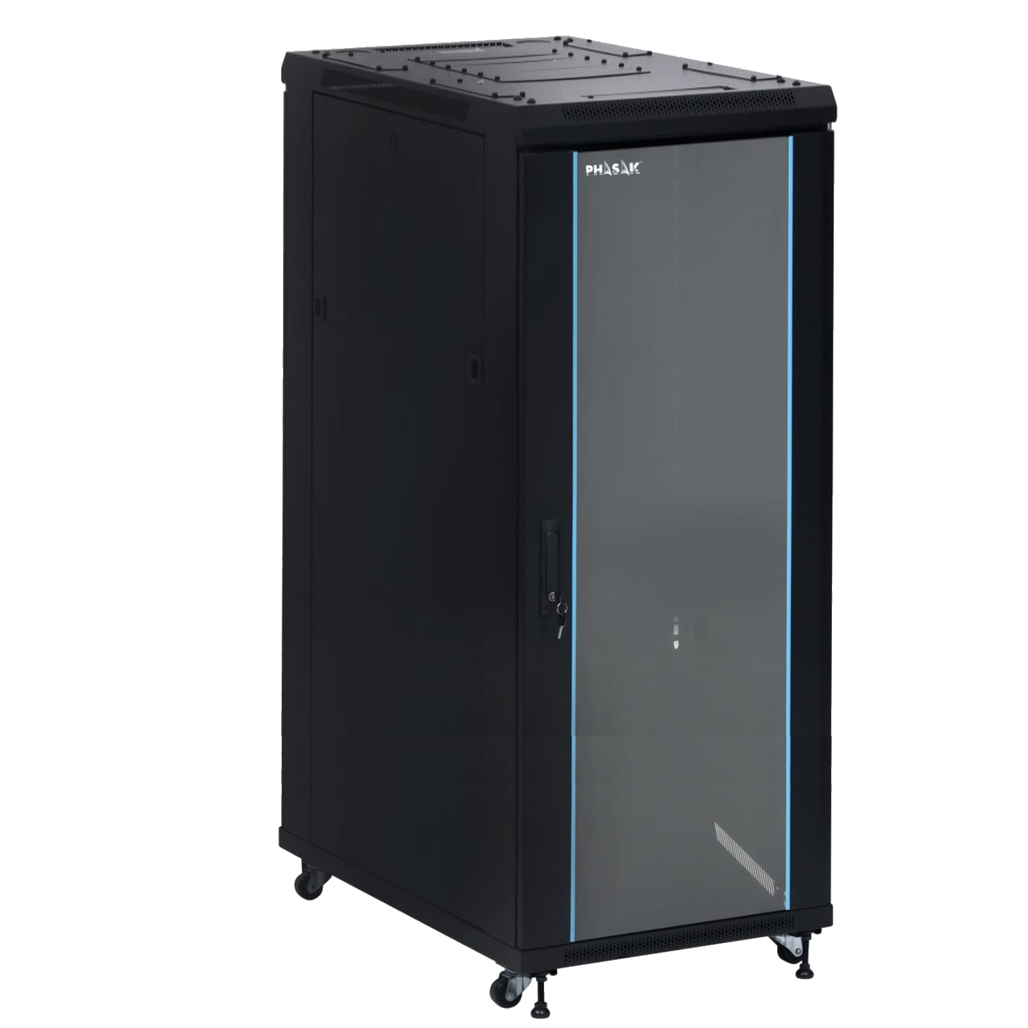 Armario Rack 19" Phasak Pro 37U 600x600 negro – Ventilación, puerta de vidrio templado, regleta eléctrica y bandejas incluidas – PHO 6637 (desmontado)