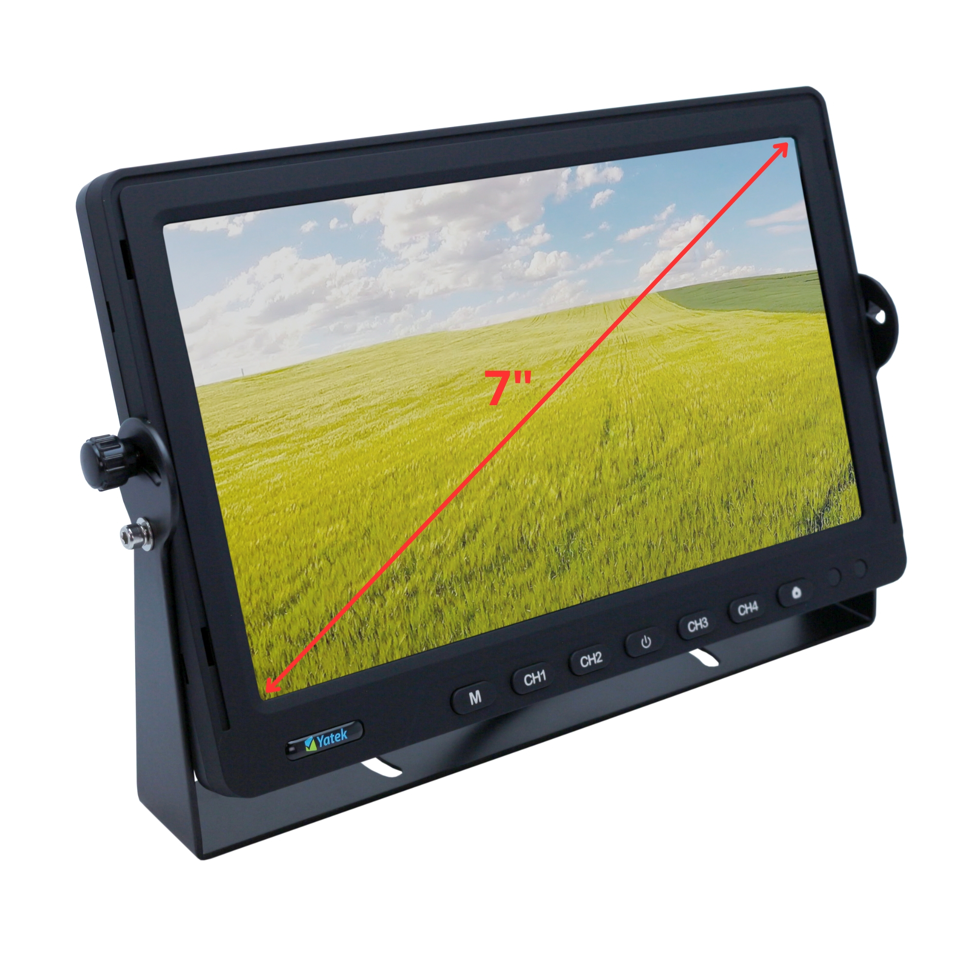 Monitor visión trasera IPS de 10" soporta cámaras AHD 1080P, con DVR para grabación de imagenes,  4 entradas contiene marco y pie, color negro